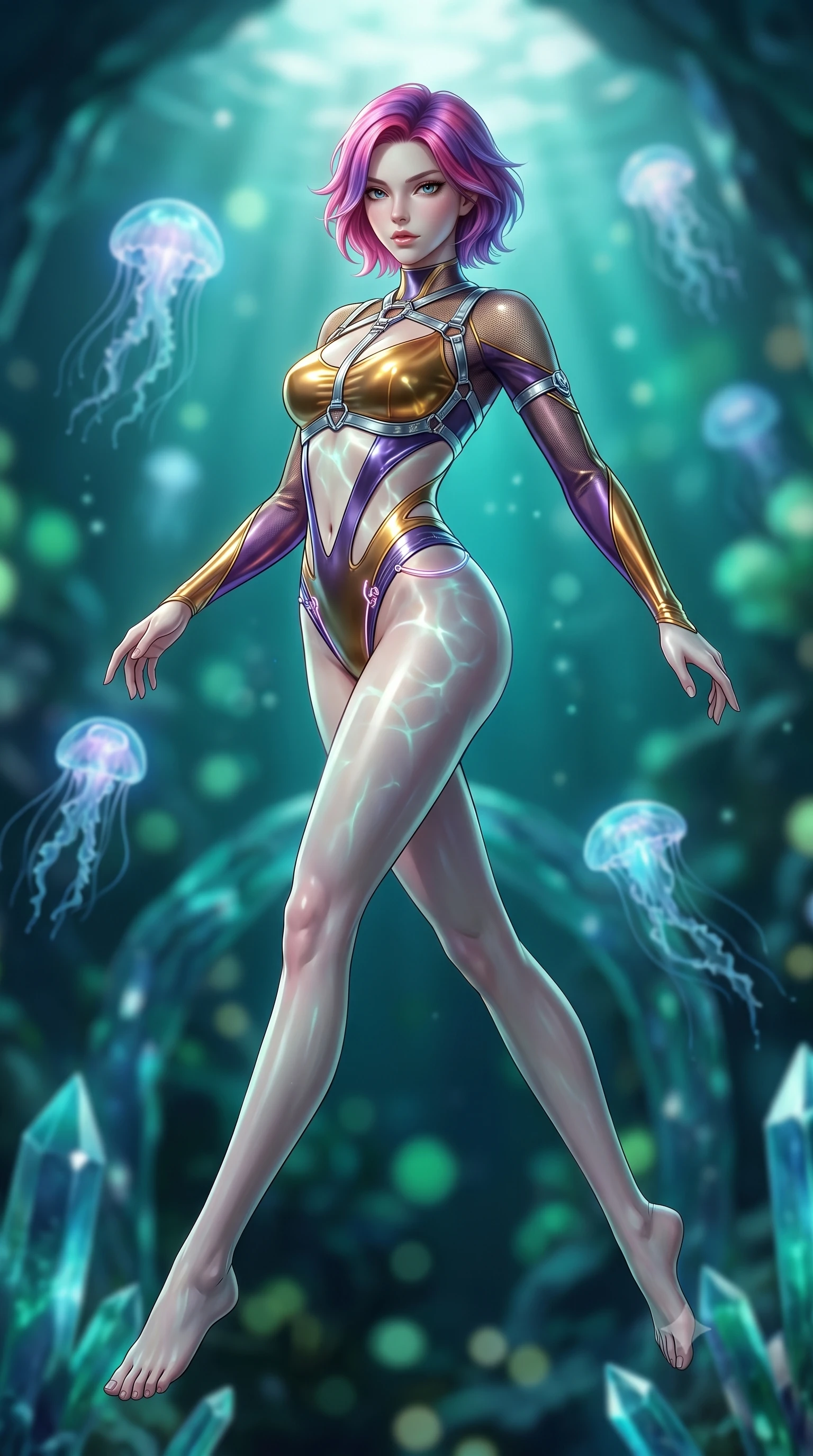 score_9, masterpiece, best quality, ultra-detailed, high-budget anime keyframe, semi-realistic 3D game render, editorial fashion photography, tasteful artistic composition, Caucasian woman. low angle full-body shot from head to toe showing her feet, filling the entire 9:16 vertical frame with her statuesque presence, stretching her vertical silhouette. leaping through mid-air with an athletic yet alluring arch of her spine, her impossibly long slender legs stretched in flawless poise while stretching forward with an alluring S-curve silhouette as deep ocean caustics illuminate her torso. The composition keeps background elements in soft focus with creamy bokeh. floating bioluminescent jellyfish and deep-sea crystal arches blurred into creamy aquamarine and emerald bokeh. She has an absolutely perfect, statuesque 8.5-heads proportion, an exceptionally tall and slender model-like female figure with impossibly long slender legs and an ultra-slim waist. sharp v-shaped jawline, high-bridge nose, intricate jewel-like eyes with depth, thick eyelashes, glossy lips with a natural sheen, flawlessly proportioned anatomical accuracy, natural body alignment, perfectly sculpted elegant limbs, clean dynamic posture without body distortion. wearing an ultra-sleek high-cut tech-bodysuit featuring dangerous diagonal slitted cutouts on the midriff and shoulders, reinforced by a metallic silver harness and sheer mesh sleeves in lustrous molten gold and pure deep violet, crafted from ultra-reflective second-skin latex with a glass-like polish, reinforced by a sleek metallic chrome harness and delicate glowing micro-straps, the daring cutouts accentuating her delicate midriff, graceful collarbones, and feminine contour. surrounded by a mysterious, hypnotic, and breathtakingly sensual deep-sea sanctuary ambiance. highly saturated vibrant anime colors, detailed shading with soft gradients, rich glossy textures, high-contrast stereoscopic depth, volumetric dynamic lighting, master piece, 9:16 ratio