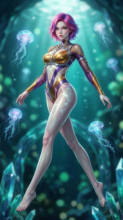 score_9, masterpiece, best quality, ultra-detailed, high-budget anime keyframe, semi-realistic 3D game render, editorial fashion photography, tasteful artistic composition, Caucasian woman. low angle full-body shot from head to toe showing her feet, 