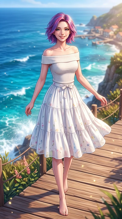score_9, masterpiece, best quality, ultra-detailed, high-budget anime keyframe, semi-realistic 3D game render, editorial fashion photography, tasteful artistic composition, Caucasian woman. low angle full-body shot from head to toe showing her feet, 