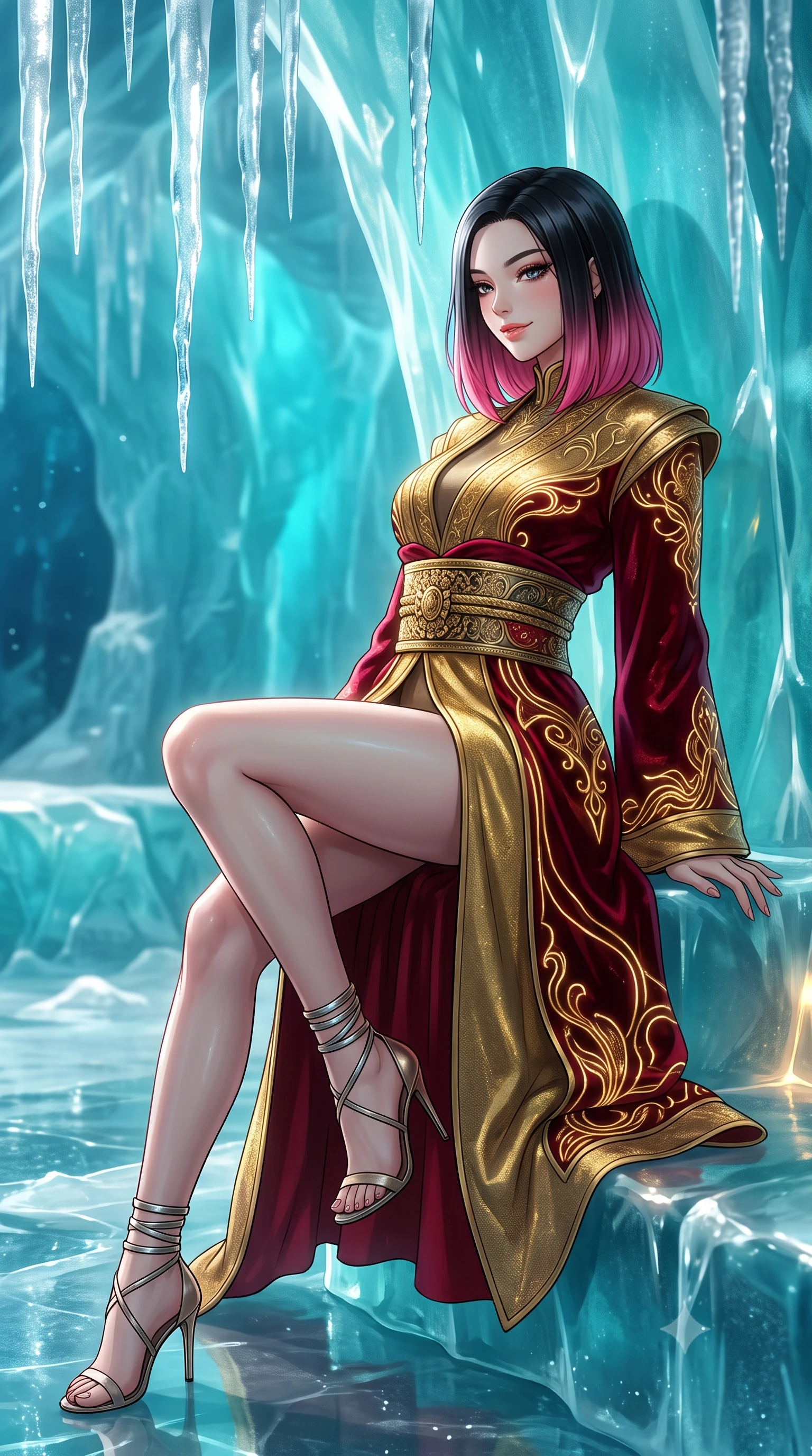 score_9, masterpiece, best quality, ultra-detailed, high-budget anime keyframe, editorial fashion photography, tasteful artistic composition, Korean woman. close-up cowboy shot from the waist and thighs up, the character dominates the composition, filling the frame with her large presence. perched sideways on the lounge seat, one knee drawn up to showcase her slender leg line while her arched back accentuates her feminine hip curve while leaning against the translucent turquoise ice wall with hips cocked back, looking through suspended icicles into the glowing blue ice depths with heavy-lidded bedroom-eyes. The surrounding environment is rendered in vivid detail and crisp panoramic clarity: detailed outfit weave, form-fitting wet cling or bodycon lines, and Arctic glacial retreat craft in razor-sharp precision. She has an exceptionally elegant, slender, and willowy female figure with an ultra-slim waist, flat toned midriff, narrow ribcage, and sculpted feminine hips creating an alluring, slim hourglass silhouette without bulk. sharp v-shaped jawline, high-bridge nose, intricate jewel-like sparkling eyes with depth, thick eyelashes, glossy parted lips with a natural peach sheen, bright cheerful beaming smile with an enchanting and coquettish sensual glint, exuding both youthful cute charm and seductive allure, flawlessly proportioned anatomical accuracy, strict slender model proportions, natural body alignment, perfectly sculpted long slender limbs, ultra-slim waistline, clean dynamic posture without body distortion. wearing an elegant high-neck cyber-kimono coat with integrated gold fiber-optic embroidery and wide obi belt in Cyber-Baroque gilded gold and royal crimson velvet, tailored from high-density tech-wool with subtle metallic thread weave, complemented by strappy stiletto sandals with metallic ankle wraps accentuating her slender calves, the impeccably tailored cut draping gracefully along her slender figure with aristocratic poise. bathed in natural turquoise light filtering through dense glacial ice combined with soft warm 2700K underwater thermal LEDs. ultra-reflective glossy finish, specular highlights, rich textural contrasts, high-contrast stereoscopic depth, volumetric dynamic lighting, 2k, ultra detail, master piece, 9:16 ratio