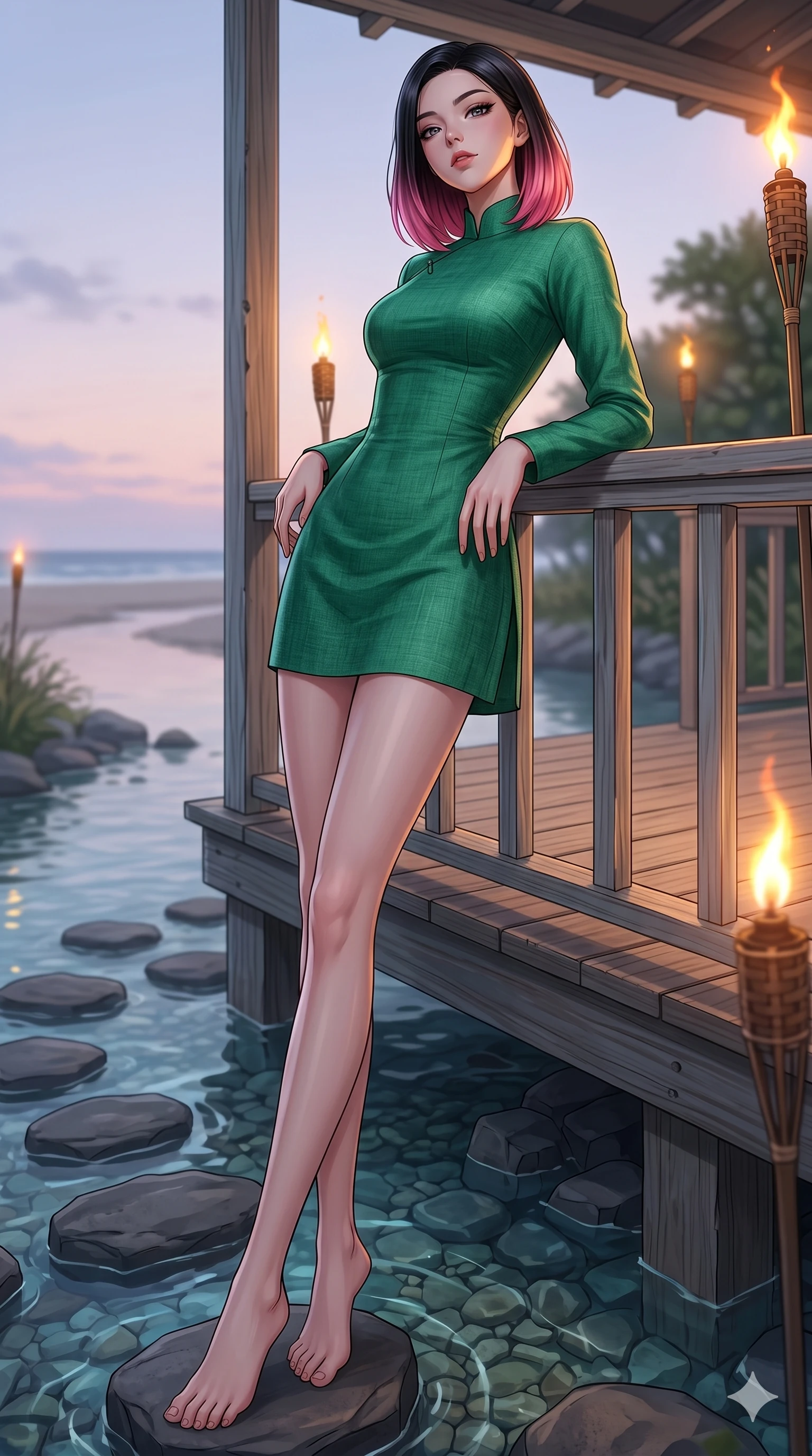 score_9, masterpiece, best quality, ultra-detailed, high-budget anime keyframe, editorial fashion photography, tasteful artistic composition, Korean woman. low angle full-body shot from head to toe showing her feet, filling the entire 9:16 vertical frame with her statuesque presence, stretching her vertical silhouette. leaning against a beach house railing, tilting her chin up with a relaxed, self-assured expression beside a cold valley stream with crystal water and smooth basalt stepping stones (Code-P19-015). She has an absolutely perfect 8-heads proportion, an exceptionally tall and slender female figure with impossibly long slender legs and an ultra-slim waist. V-shaped jawline, high-bridge nose, intricate jewel-like eyes with depth, thick eyelashes, glossy lips with a natural sheen. wearing a modern high-neck traditional dress with long sleeves in emerald green linen. bathed in soft, warm twilight glow mixed with the amber light of beach torches, tracing her jawline. 2k, ultra detail, master piece, 9:16 ratio