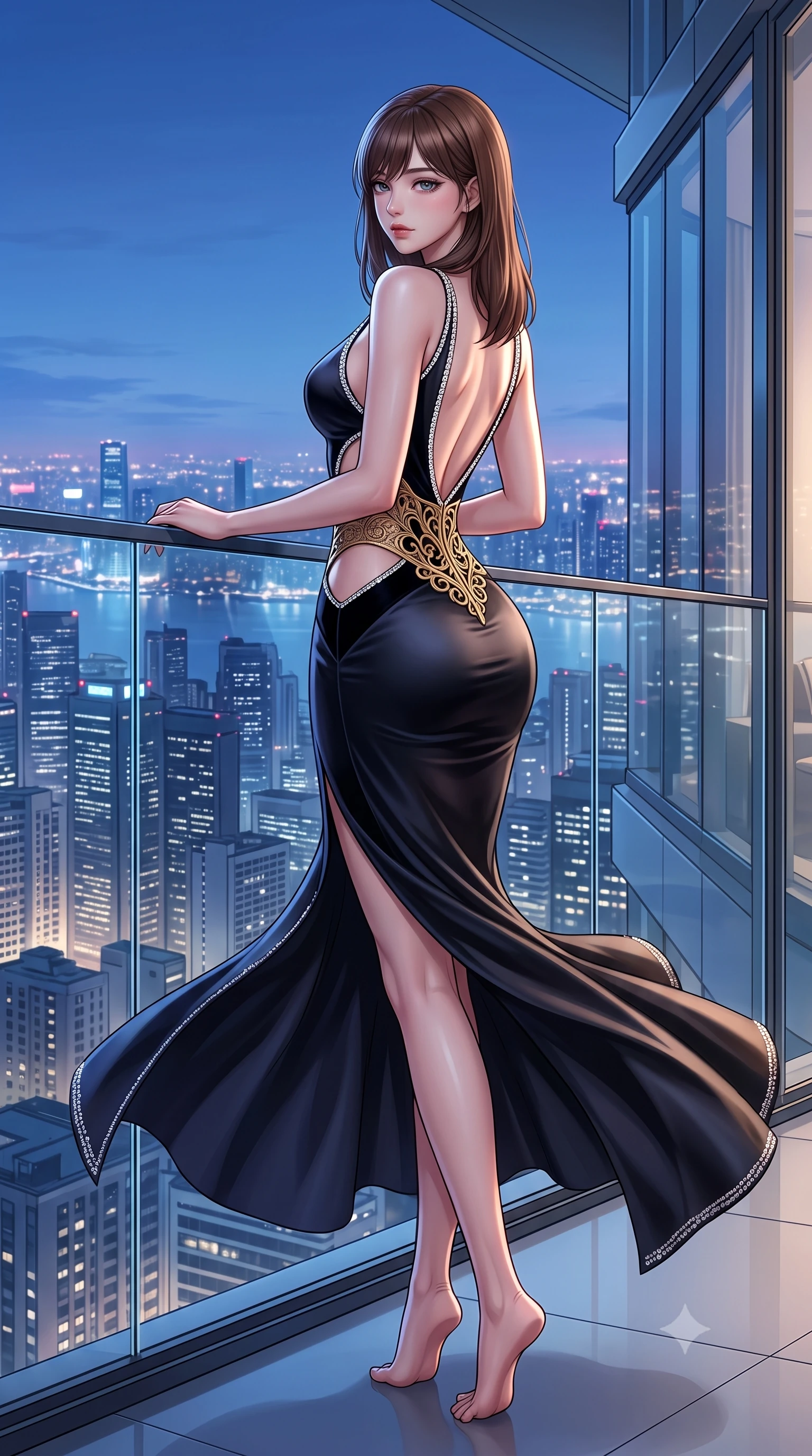 score_9, masterpiece, best quality, ultra-detailed, high-budget anime keyframe, semi-realistic 3D game render, editorial fashion photography, tasteful artistic composition, Korean woman. low angle full-body shot from head to toe showing her feet, filling the entire 9:16 vertical frame with her statuesque presence, stretching her vertical silhouette. executing an elegant mid-motion pivot turn as garments swirl around her slender limbs, glancing over her shoulder with an intoxicating bedroom-gaze while leaning against the seamless glass balcony barrier overlooking a 360-degree glittering city skyline, hips cocked back in a seductive S-curve as she looks over her shoulder. The surrounding environment is rendered in vivid detail and crisp panoramic clarity. sleek modern luxury chiaroscuro and futuristic skyline elegance rendered with environmental precision. She has an absolutely perfect, statuesque 8.5-heads proportion, an exceptionally tall and slender model-like female figure with impossibly long slender legs, a toned flat midriff, an ultra-slim waist, and beautifully sculpted feminine hips. sharp v-shaped jawline, high-bridge nose, intricate jewel-like eyes with depth, thick eyelashes, glossy parted lips with a natural sheen, intensely captivating and seductive bedroom-eyes expression, flawlessly proportioned anatomical accuracy, strict slender model proportions, natural body alignment, perfectly sculpted long slender limbs, ultra-slim waistline, clean dynamic posture without body distortion. wearing a sleek obsidian column dress with gold filigree hip cincher and plunging backline in high-contrast black velvet and diamond crystal trim, tailored from ultra-smooth duchess satin with a pearlescent sheen, finished with delicate crystal embroidery along the neckline and hem, the precision-cut side openings and low-back scoop framing her graceful spine and the sensual sweep of her hips. illuminated by crisp directional edge lights sharply sculpting her slender waist and curvy feminine hips. highly saturated vibrant anime colors, detailed shading with soft gradients, rich glossy textures, high-contrast stereoscopic depth, volumetric dynamic lighting, master piece, 9:16 ratio