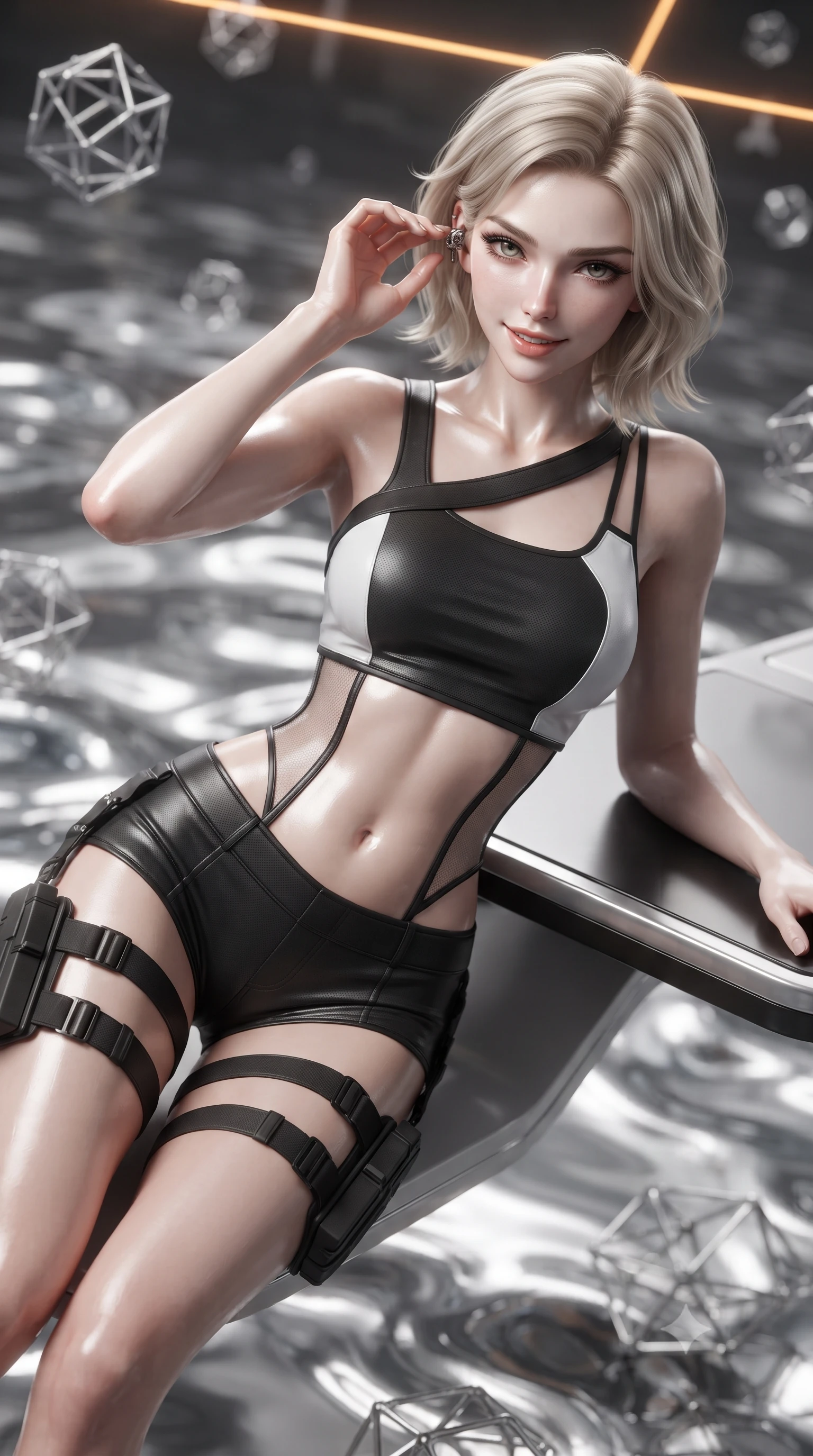 score_9, masterpiece, best quality, ultra-detailed, high-budget anime keyframe, editorial fashion photography, tasteful artistic composition, Caucasian woman. close-up cowboy shot from the waist and thighs up, the character dominates the composition, filling the frame with her large presence. tilting her head with a captivating smile while arching her spine with dancer poise, one hand adjusting her ear comm-link in a flirtatious S-curve while lounging on an elevated carbon-composite console propped on one elbow, her flat midriff and long slender limbs glowing in liquid metal reflections. The background shows a soft-focus swirling pools of reflective liquid chrome and floating geometric nanotech lattices blurred into molten silver, platinum, and charcoal bokeh. She has an exceptionally elegant, slender, and willowy female figure with an ultra-slim waist, flat toned midriff, narrow ribcage, and sculpted feminine hips creating an alluring, slim hourglass silhouette without bulk. sharp v-shaped jawline, high-bridge nose, intricate jewel-like sparkling eyes with depth, thick eyelashes, glossy parted lips with a natural sheen, bright confident smile with an enchanting and coquettish sensual glint, exuding both youthful magnetic charm and sovereign high-tech allure, flawlessly proportioned anatomical accuracy, strict slender model proportions, natural body alignment, perfectly sculpted long slender limbs, ultra-slim waistline, clean dynamic posture without body distortion. wearing a high-tech mechanic crop top with asymmetric shoulder straps paired with ultra-fitted tactical hot-pants and thigh holsters in dual-tone high-contrast monochrome black and stark white, crafted from lightweight aerodynamic matte carbon-fiber weave with structural stiffness, finished with delicate carbon-fiber boning framing the narrow waistline, the high-waisted tailoring accentuating her ultra-slim waistline and the enchanting curve of her feminine hips with alluring dark charm. illuminated by overhead amber laser guides and sharp chrome rim lights sculpting her razor-sharp jawline, narrow waist, and curvy hips. ultra-reflective glossy finish, specular highlights, rich textural contrasts, high-contrast stereoscopic depth, volumetric dynamic lighting, 2k, ultra detail, master piece, 9:16 ratio
