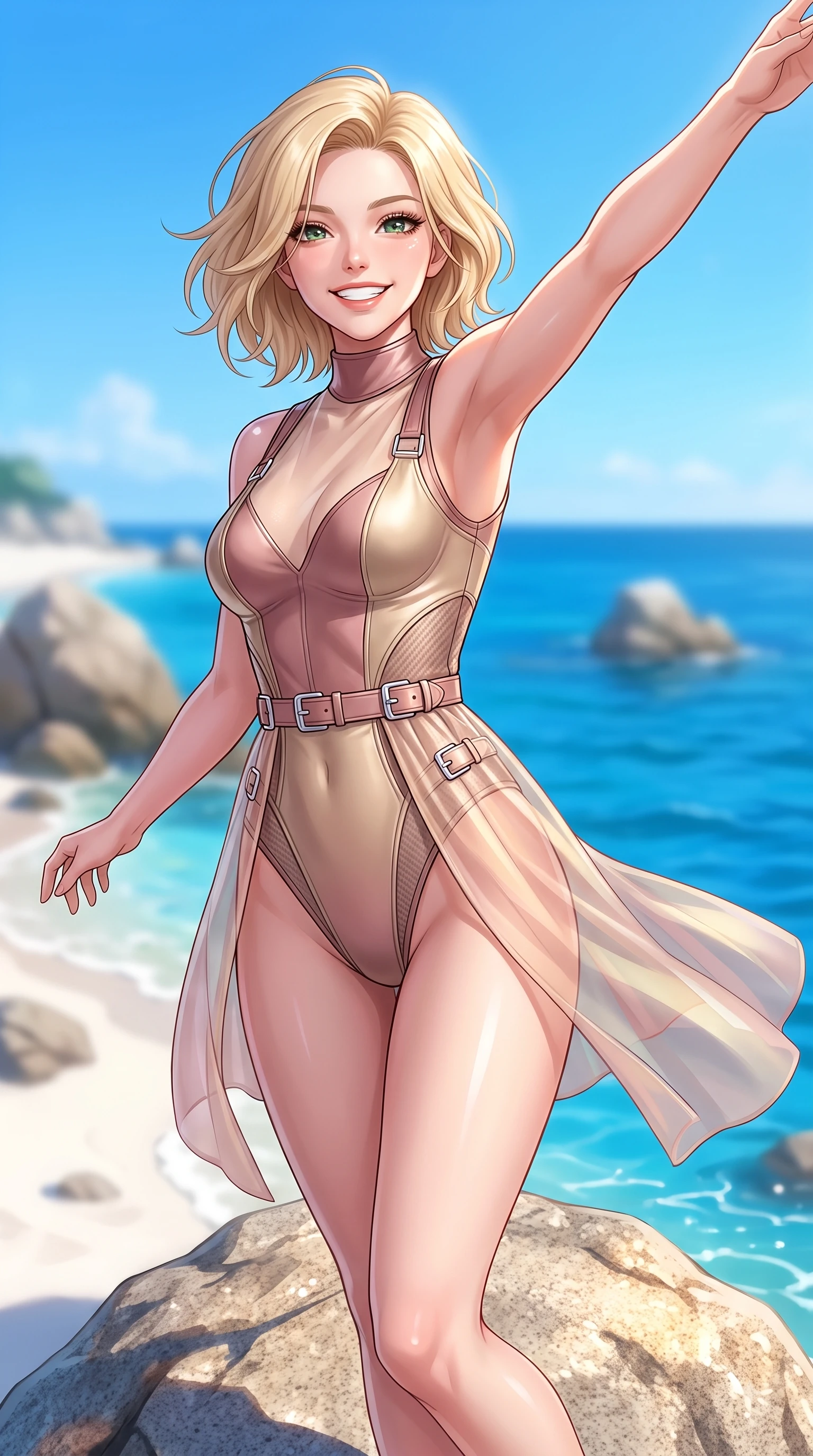 score_9, masterpiece, best quality, ultra-detailed, high-budget anime keyframe, editorial fashion photography, tasteful artistic composition, Caucasian woman. close-up cowboy shot from the waist and thighs up, the character dominates the composition, filling the frame with her large presence, background elements kept in soft focus. Enchanting happy smile, her eyes twinkling like jewels in the bright sunlight as one arm reaches out playfully while pivoting gracefully on a sun-drenched granite sea boulder with a beaming happy expression, soft white sand contrasting beautifully with rich ocean azure and vibrant sky blue hues. She has an exceptionally elegant, slender, and willowy female figure with an ultra-slim waist, a gracefully sculpted slender torso, and a refined silhouette. sharp v-shaped jawline, high-bridge nose, intricate jewel-like eyes with depth, thick eyelashes, glossy lips with a natural sheen, flawlessly proportioned anatomical accuracy, natural body alignment, perfectly sculpted elegant limbs, clean dynamic posture without body distortion. wearing a semi-opaque sheer overlay dress over a leather micro-bodysuit in dusty rose and champagne gold, made of fine carbon-fiber weave and soft matte leather, detailed with polished silver buckles along the waistline, the glove-like fit emphasizing her statuesque silhouette during motion. surrounded by a bright, pristine beach ambiance with cheerful specular highlights. highly saturated vibrant anime colors, detailed shading with soft gradients, rich glossy textures, high-contrast stereoscopic depth, volumetric dynamic lighting, master piece, 9:16 ratio