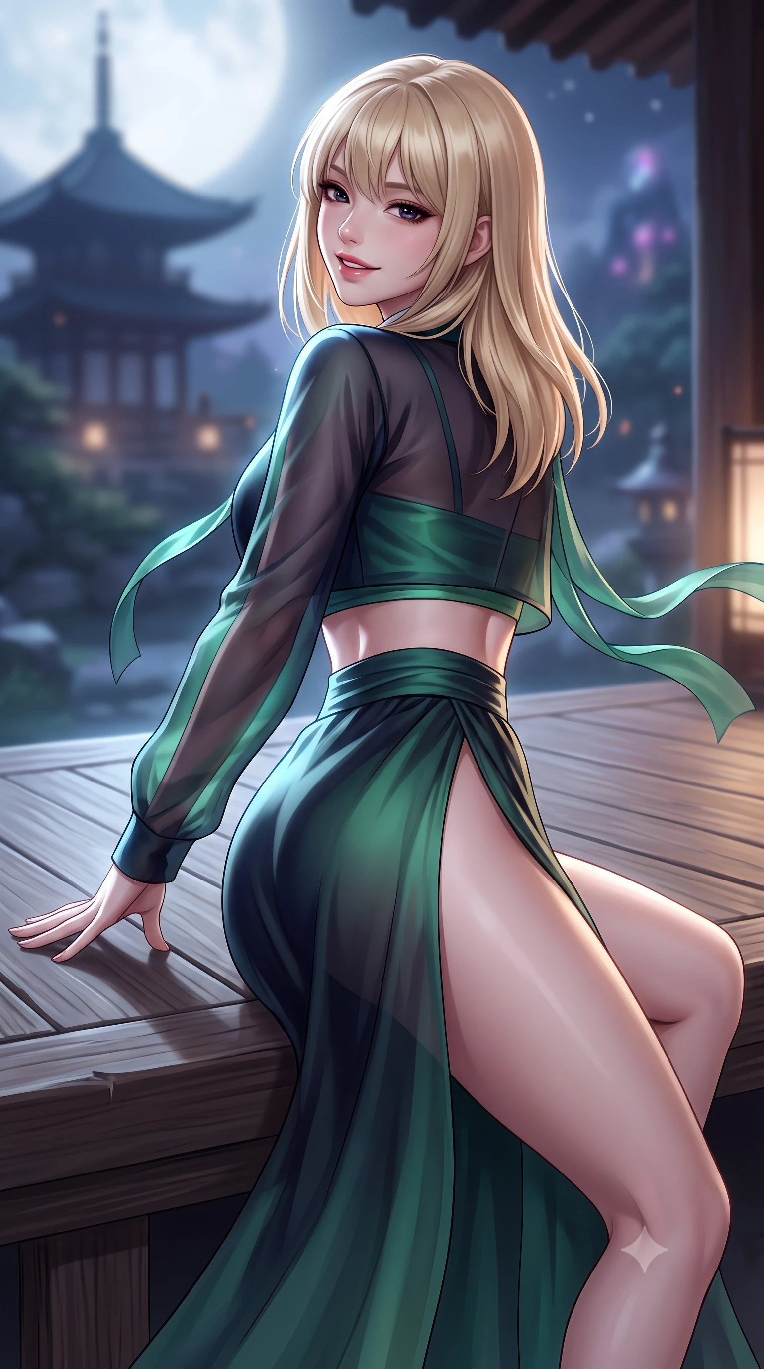 score_9, masterpiece, best quality, ultra-detailed, high-budget anime keyframe, semi-realistic 3D game render, editorial fashion photography, tasteful artistic composition, Japanese woman. close-up cowboy shot from the waist and thighs up, the character dominates the composition, filling the frame with her large presence. posing in an alluring rear three-quarter angle, turning over a bare shoulder with an intoxicating gaze, her hips cocked back to highlight her slim hourglass curve while lounging gracefully across a wooden landing platform propped on one arm, her long slender legs and hourglass curves radiating fantasy allure. The background shows a soft-focus a quiet pagoda silhouette in the distance softened in magical oriental fantasy shallow focus. She has an exceptionally elegant, slender, and willowy female figure with an ultra-slim waist, flat toned midriff, narrow ribcage, and sculpted feminine hips creating an alluring, slim hourglass silhouette without bulk. sharp v-shaped jawline, high-bridge nose, intricate jewel-like dark sparkling almond eyes with depth, thick lashes, glossy parted lips with a natural rose-plum sheen, bright alluring and coquettish smile with bedroom-eyes, exuding both timeless oriental elegance and sovereign high-fashion allure, flawlessly proportioned anatomical accuracy, strict slender model proportions, natural body alignment, perfectly sculpted long slender limbs, ultra-slim waistline, clean dynamic posture without body distortion. wearing a cropped semi-sheer silk organza jeogori top paired with an ultra-high-waisted wrapped chima skirt featuring a dramatic thigh-high side slit in deep midnight obsidian and luminous imperial jade green, tailored from sheer gossamer silk organza with an airy weightless flutter, accented with flowing gossamer silk ribbons that flutter dynamically in the evening breeze, the high-waisted wrap tailoring accentuating her ultra-slim waistline and the enchanting curve of her feminine hips with alluring oriental charm. illuminated by soft moonlight and sharp platinum rim lights defining her sculpted collarbones, ultra-slim waist, and curvy hips. highly saturated vibrant anime colors, detailed shading with soft gradients, rich glossy textures, high-contrast stereoscopic depth, volumetric dynamic lighting, master piece, 9:16 ratio