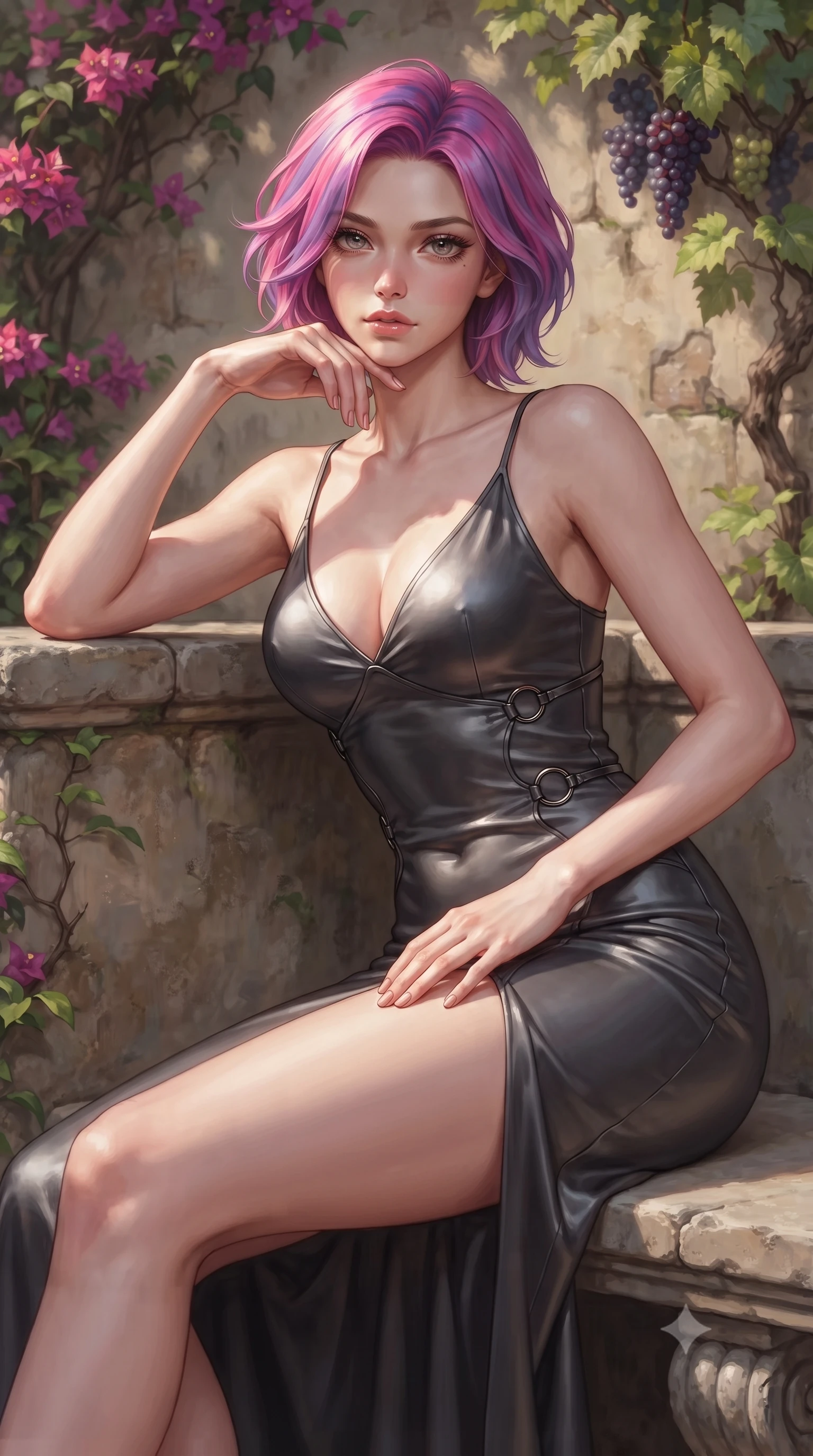 score_9, masterpiece, best quality, ultra-detailed, high-budget anime keyframe, editorial fashion photography, tasteful artistic composition, Caucasian woman. close-up cowboy shot from the waist and thighs up, the character dominates the composition, filling the frame with her large presence, background elements kept in soft focus. Resting her chin on the backs of her fingers with an air of effortless superiority, lounging on a stone bench surrounded by climbing bougainvillea and grapevines, form-contouring silk gown accentuating her slender torso and long legs. She has an exceptionally elegant, slender, and willowy female figure with an ultra-slim waist, a gracefully sculpted slender torso, and a refined silhouette. sharp v-shaped jawline, high-bridge nose, intricate jewel-like eyes with depth, thick eyelashes, glossy lips with a natural sheen. wearing form-contouring dark crimson liquid silk long slip dress in dark charcoal gray, made of liquid dark mercury jersey, trimmed with dark chrome ring hardware along the waist contours, sculpting her athletic slender build with refined precision. lit by clear golden key rays casting soft graceful shadows. ultra-reflective glossy finish, specular highlights, metallic sheen, high-contrast stereoscopic depth, volumetric dynamic lighting, 2k, ultra detail, master piece, 9:16 ratio