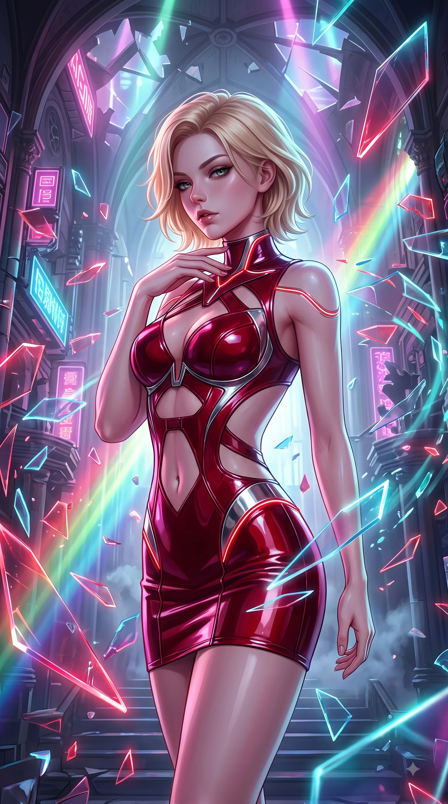 score_9, masterpiece, best quality, ultra-detailed, high-budget anime keyframe, semi-realistic 3D game render, editorial fashion photography, tasteful artistic composition, Caucasian woman. close-up cowboy shot from the waist and thighs up, the character dominates the composition, filling the frame with her large presence. resting her fingers lightly against her throat while looking down with a smoldering, haughty yet intensely captivating glance while pivoting dynamically amidst a suspended vortex of glowing neon glass shards inside a grand cyber-cathedral. The surrounding environment is rendered in vivid detail and crisp panoramic clarity. volumetric neon light rays cutting through fog and shattered architecture rendered in panoramic precision. She has an exceptionally elegant, slender, and willowy female figure with an ultra-slim waist, a gracefully sculpted slender torso, and a refined silhouette. sharp v-shaped jawline, high-bridge nose, intricate jewel-like eyes with depth, thick eyelashes, glossy lips with a natural sheen, flawlessly proportioned anatomical accuracy, natural body alignment, perfectly sculpted elegant limbs, clean dynamic posture without body distortion. wearing a second-skin fashion-latex mini dress with a clean architectural front, featuring an open-back design that wraps around the sides of her waist, showcasing her slender silhouette in deep ruby red and polished chrome accents, formed from high-gloss patent material with specular light reflections, accented with glowing fiber-optic seams tracing her collarbones and hip curves, the daring cutouts accentuating her delicate midriff, graceful collarbones, and feminine contour. backlit by intense multi-colored neon light rays and volumetric dawn light filtering through fog. highly saturated vibrant anime colors, detailed shading with soft gradients, rich glossy textures, high-contrast stereoscopic depth, volumetric dynamic lighting, master piece, 9:16 ratio
