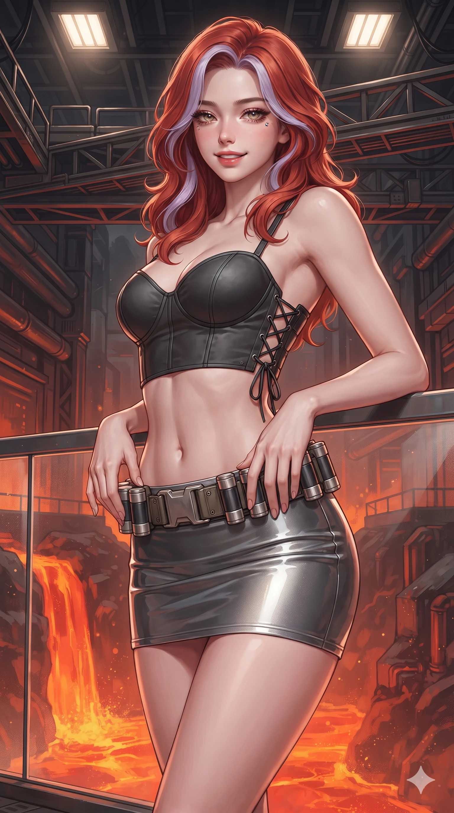 score_9, masterpiece, best quality, ultra-detailed, high-budget anime keyframe, editorial fashion photography, tasteful artistic composition, Caucasian woman. close-up cowboy shot from the waist and thighs up, the character dominates the composition, filling the frame with her large presence. resting both hands lightly on her tactical utility belt, arching her spine to highlight her narrow waist, flat midriff, and breathtaking collarbones while leaning over the heat-shielded glass balustrade with hips cocked back, looking through ascending heat waves with heavy-lidded seductive eyes. The surrounding environment is rendered in vivid detail and crisp panoramic clarity: sharp heat-treated titanium truss bolts, textured non-slip gantry plates, and glowing thermal pipe fittings in deep focus. She has an exceptionally elegant, slender, and willowy female figure with an ultra-slim waist, flat toned midriff, narrow ribcage, and sculpted feminine hips creating an alluring, slim hourglass silhouette without bulk. sharp v-shaped jawline, high-bridge nose, intricate jewel-like sparkling eyes with depth, thick eyelashes, glossy parted lips with a natural sheen, bright confident smile with an enchanting and coquettish sensual glint, exuding both youthful magnetic charm and sovereign high-tech allure, flawlessly proportioned anatomical accuracy, strict slender model proportions, natural body alignment, perfectly sculpted long slender limbs, ultra-slim waistline, clean dynamic posture without body distortion. wearing a sculpted matte carbon underwire crop bustier with lace-up side ties paired with a low-rise micro skirt in metallic graphite and starlight platinum, tailored from ultra-reflective glossy liquid vinyl with mirror-like specular highlights, accented with a sleek utility belt with polished magnetic canisters resting loosely on her curvy hips, the liquid-tight tailored fabric clinging flawlessly to her narrow waist and rounded feminine hips, emphasizing every millimeter of her sculpted slim hourglass curves without any bulky heaviness. bathed in the radiant 2000K upward glow of the cascading magma river combined with overhead industrial quartz worklights. ultra-reflective glossy finish, specular highlights, rich textural contrasts, high-contrast stereoscopic depth, volumetric dynamic lighting, 2k, ultra detail, master piece, 9:16 ratio