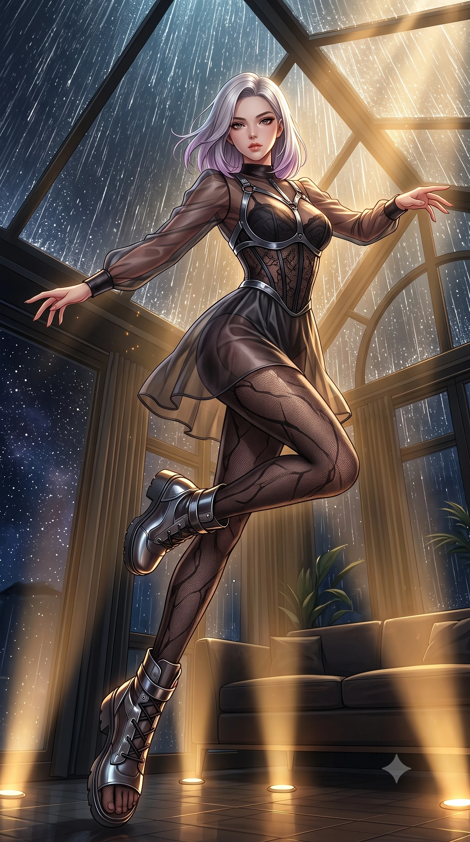 score_9, masterpiece, best quality, ultra-detailed, high-budget anime keyframe, editorial fashion photography, tasteful artistic composition, Caucasian woman. low angle full-body shot from head to toe showing her feet, filling the entire 9:16 vertical frame with her statuesque presence, stretching her vertical silhouette. leaping dynamically through the starry space, her posture full of power and elegance, inside a private greenhouse lounge at 2 AM as torrential rain hits the glass roof, torrential rain streaming down glass roof glinting under warm floor spotlights. She has an absolutely perfect, statuesque 8.5-heads proportion, an exceptionally tall and slender model-like female figure with impossibly long slender legs and an ultra-slim waist. sharp v-shaped jawline, high-bridge nose, intricate jewel-like eyes with depth, thick eyelashes, glossy lips with a natural sheen. wearing translucent dark organza mini dress over structured black lace corset in pitch-black onyx, made of fine dark contouring mesh, highlighted by a gunmetal metallic harness structure, sculpting her athletic slender build with refined precision. lit by low-key golden rays piercing through rain-streaked glass. highly saturated vibrant anime colors, detailed shading with soft gradients, rich glossy textures, high-contrast stereoscopic depth, volumetric dynamic lighting, master piece, 9:16 ratio
