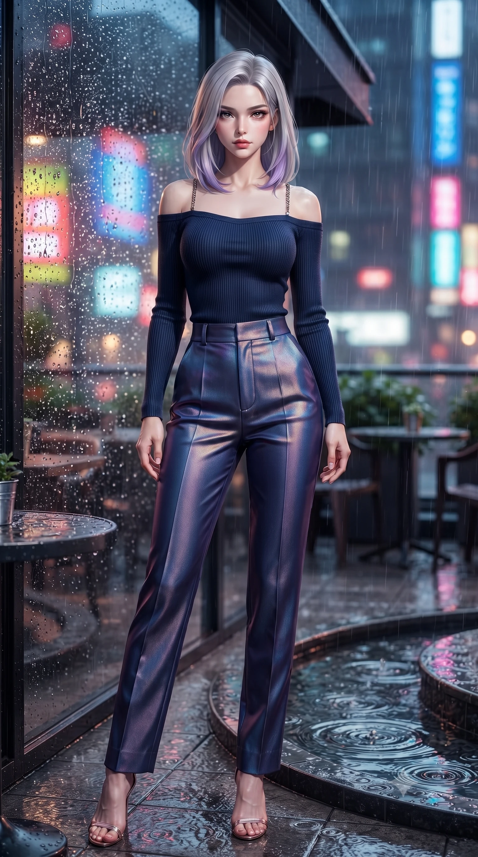 score_9, masterpiece, best quality, ultra-detailed, high-budget anime keyframe, editorial fashion photography, tasteful artistic composition, Caucasian woman. low angle full-body shot from head to toe showing her feet, filling the entire 9:16 vertical frame with her statuesque presence, stretching her vertical silhouette. navigating the luminous space with effortless poise, displaying her perfect model proportions resting on a covered outdoor café terrace as rain drops create ripples nearby, rain droplets glistening on the glass window with colorful neon reflections. She has an absolutely perfect, statuesque 8.5-heads proportion, an exceptionally tall and slender model-like female figure with impossibly long slender legs and an ultra-slim waist. sharp v-shaped jawline, high-bridge nose, intricate jewel-like eyes with depth, thick eyelashes, glossy lips with a natural sheen. wearing a sleek off-shoulder ribbed knit top paired with high-waist tailored pants in midnight navy blue and chrome trim, crafted from iridescent chiffon that shifts colors in the light, adorned with delicate metallic chain straps along the neckline, the form-contouring material highlighting her ultra-slim waist and long lines. surrounded by a vibrant, atmospheric city glow with glistening raindrops. ultra-reflective glossy finish, specular highlights, metallic sheen, high-contrast stereoscopic depth, volumetric dynamic lighting, 2k, ultra detail, master piece, 9:16 ratio