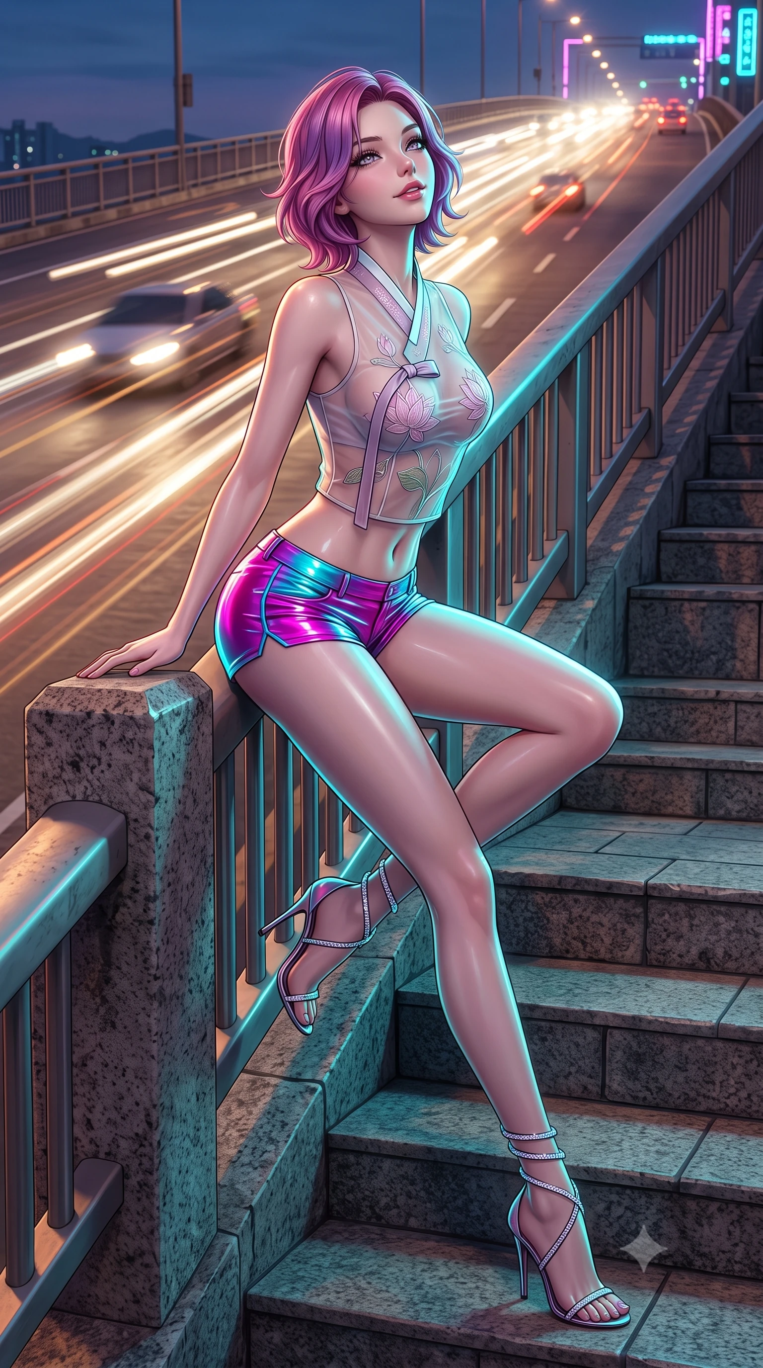 score_9, masterpiece, best quality, ultra-detailed, high-budget anime keyframe, semi-realistic 3D game render, editorial fashion photography, tasteful artistic composition, Caucasian woman. low angle full-body shot from head to toe showing her feet, filling the entire 9:16 vertical frame with her statuesque presence, stretching her vertical silhouette. sitting poised on the stone steps with one knee bent, arching her spine with supermodel elegance as she glances upward through thick eyelashes while leaning against the illuminated highway safety rail with hips cocked back, looking over a bare shoulder toward roaring traffic trails below. The surrounding environment is rendered in vivid detail and crisp panoramic clarity: detailed leatherette/lamé fabric weave, metallic hoop earring shine, and late-80s highway infrastructure in razor-sharp precision. She has an absolutely perfect, statuesque 8.5-heads proportion, an exceptionally tall and slender model-like female figure with impossibly long slender legs, an ultra-slim waist, a flat toned midriff, narrow delicate ribcage, and beautifully sculpted feminine hips creating a graceful, slim hourglass silhouette without any bulky heaviness. sharp v-shaped jawline, high-bridge nose, sparkling eyes with hypnotic seductive depth, thick curled eyelashes, glossy parted lips with a natural dewy peach sheen, alluring bedroom-eyes with an enchanting coquettish smile, exuding magnetic siren charisma and sophisticated glamour, flawlessly proportioned anatomical accuracy, strict slender model proportions, natural body alignment, perfectly sculpted long slender limbs, ultra-slim waistline, clean dynamic posture without body distortion. wearing a form-contouring sheer organza hanbok bodice with delicate lotus embroidery paired with low-rise silk hot-pants in electric 80s magenta and neon cyan with chrome highlights, crafted from wet-look high-gloss vinyl fabric with dazzling specular surface reflections, complemented by strappy stiletto sandals with crystal ankle wraps accentuating her slender calves, the liquid-tight tailored fabric clinging flawlessly to her narrow waist and rounded feminine hips, emphasizing every millimeter of her sculpted slim hourglass curves without any bulky heaviness. illuminated by passing car headlight streaks and sharp electric-cyan rim lights defining her razor-sharp jawline, narrow waist, and curvy hips. highly saturated vibrant anime colors, detailed shading with soft gradients, rich glossy textures, high-contrast stereoscopic depth, volumetric dynamic lighting, master piece, 9:16 ratio
