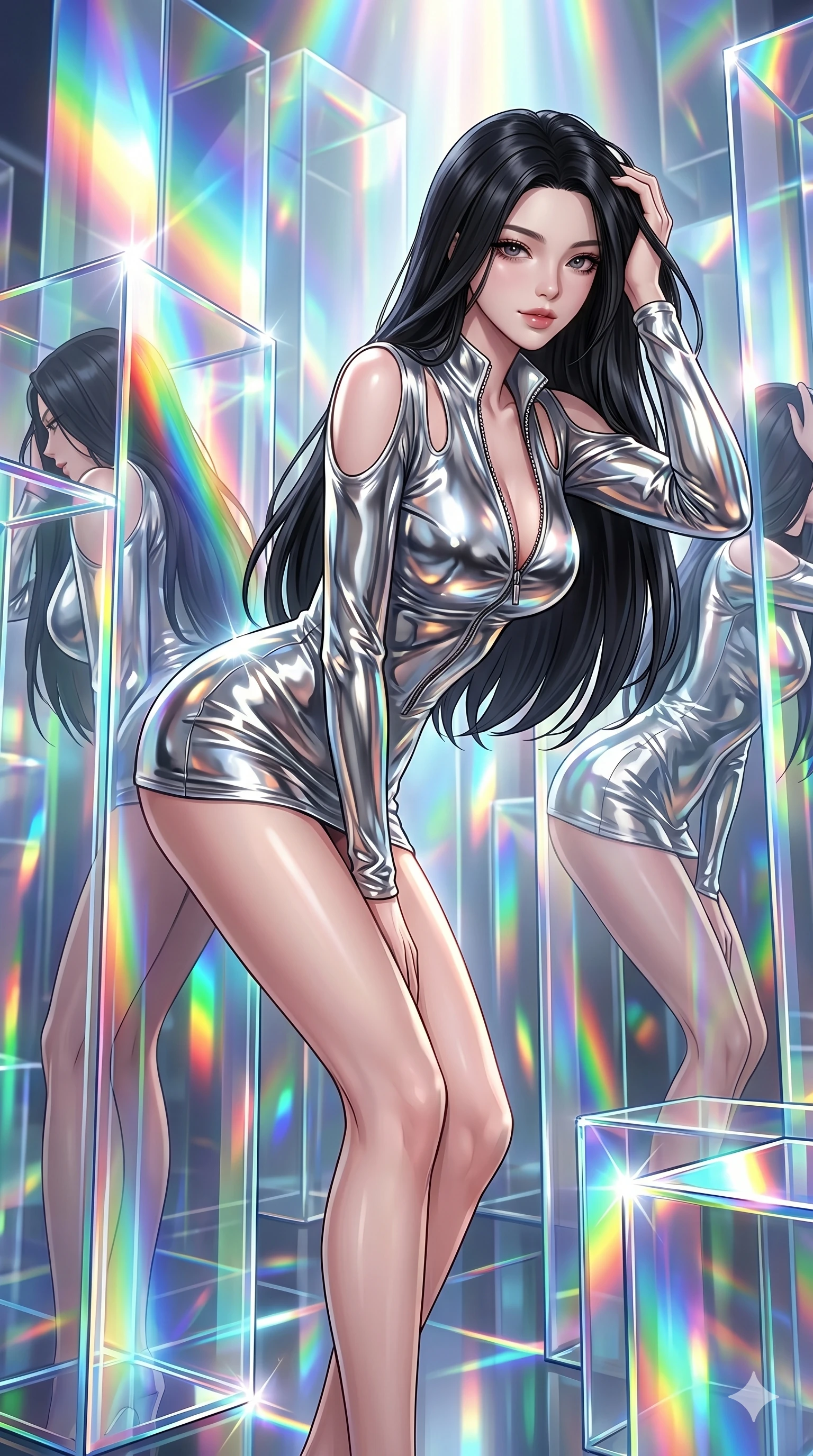 score_9, masterpiece, best quality, ultra-detailed, high-budget anime keyframe, editorial fashion photography, tasteful artistic composition, Korean woman. Upper body close-up from the thighs up, character filling the screen for maximum presence. She is bending sideways dynamically, reflecting in a maze of giant prismatic glass blocks that shower bright spectrums of light. She runs a hand through her hair with a playful, teasing expression. She has an absolutely perfect 8-heads proportion, an exceptionally tall and slender female figure with impossibly long slender legs and an ultra-slim waist. V-shaped jawline, high-bridge nose, intricate jewel-like eyes with depth, thick eyelashes, glossy lips with a natural sheen. She is wearing a form-fitting top made of molten liquid-mercury fabric that clings to her curves, with strategic tear-drop shoulder cutouts and a dangerously unzipped front collar. The scene is drenched in blindingly bright rainbow prismatic spotlights with sharp specular highlights. 2k, ultra detail, master piece, 9:16 ratio