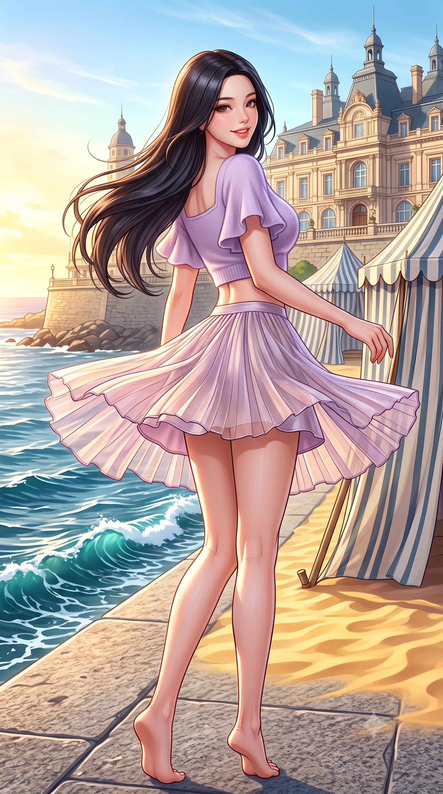 score_9, masterpiece, best quality, ultra-detailed, high-budget anime keyframe, semi-realistic 3D game render, editorial fashion photography, tasteful artistic composition, Korean woman. low angle full-body shot from head to toe showing her feet, filling the entire 9:16 vertical frame with her statuesque presence, stretching her vertical silhouette. executing a cheerful mid-motion pivot turn as her skirt flutters around her slender legs, glancing over her shoulder with an intoxicating, teasing cute expression while turning in an alluring S-curve as ocean trade winds whip her silk wrap skirt, gazing toward the historic casino palace with parted glossy lips. The surrounding environment is rendered in vivid detail and crisp panoramic clarity. sharp granite promenade balustrades, striped canvas tent textures, and ocean wave crest caustics in deep focus. She has an exceptionally tall and slender model-like 8.5-heads proportion, an ultra-slim waist, a flat toned midriff, narrow delicate ribcage, and beautifully sculpted feminine hips creating a graceful, slim hourglass silhouette without any bulky heaviness, with impossibly long slender legs. sharp v-shaped jawline, high-bridge nose, intricate jewel-like sparkling eyes with depth, thick eyelashes, glossy parted lips with a natural peach sheen, bright cheerful beaming smile with an enchanting and coquettish sensual glint, exuding both youthful cute charm and seductive allure, flawlessly proportioned anatomical accuracy, strict slender model proportions, natural body alignment, perfectly sculpted long slender limbs, ultra-slim waistline, clean dynamic posture without body distortion. wearing a soft angora crop knit sweater with a sheer pleated organza mini skirt over an opaque silk slip in soft lilac and champagne shimmer, tailored from crisp cotton poplin with clean structural lines, featuring elegant flutter sleeves and a graceful square neckline, the form-fitting cut adhering flawlessly to her sculpted flat midriff and slender torso, emphasizing her long leg lines and perfectly proportioned willowy build. bathed in brilliant golden hour Atlantic sunlight and intense golden sand bounce fill. highly saturated vibrant anime colors, detailed shading with soft gradients, rich glossy textures, high-contrast stereoscopic depth, volumetric dynamic lighting, master piece, 9:16 ratio