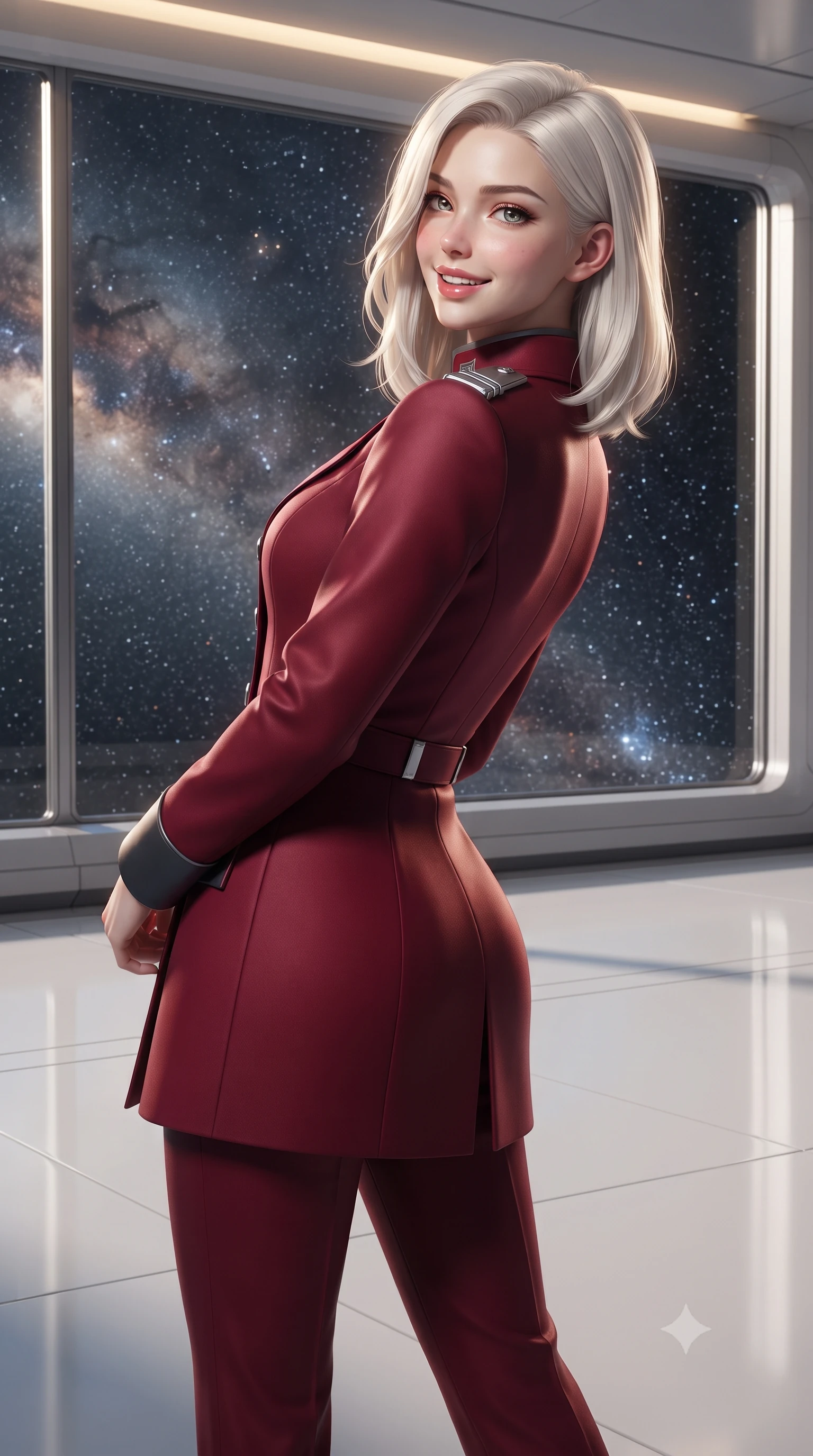score_9, masterpiece, best quality, ultra-detailed, high-budget anime keyframe, editorial fashion photography, tasteful artistic composition, Caucasian woman. close-up cowboy shot from the waist and thighs up, the character dominates the composition, filling the frame with her large presence. posing in an alluring rear three-quarter angle, looking over a bare shoulder with parted glossy lips, her hips cocked back to highlight her slim hourglass curve while standing poised on the polished white polymer floor before the floor-to-ceiling starlight observation window, arching her back with aristocratic supermodel elegance. The surrounding environment is rendered in vivid detail and crisp panoramic clarity: detailed dress uniform tailoring, silver epaulets, and cutting-edge space habitat luxury in razor-sharp precision. She has an exceptionally elegant, slender, and willowy female figure with an ultra-slim waist, flat toned midriff, narrow ribcage, and sculpted feminine hips creating an alluring, slim hourglass silhouette without bulk. sharp v-shaped jawline, high-bridge nose, intricate jewel-like sparkling eyes with depth, thick eyelashes, glossy parted lips with a natural peach sheen, bright cheerful beaming smile with an enchanting and coquettish sensual glint, exuding both youthful cute charm and seductive allure, flawlessly proportioned anatomical accuracy, strict slender model proportions, natural body alignment, perfectly sculpted long slender limbs, ultra-slim waistline, clean dynamic posture without body distortion. wearing a tailored orbital navy officer dress uniform featuring a structured double-breasted coat with silver epaulets, high mandarin collar, and matching pressed slacks in deep crimson hazard red and matte dark titanium, crafted from bespoke double-faced cashmere with an exceptionally soft tactile finish, finished with sleek magnetic buckle closures fluttering in the breeze, the impeccably tailored cut draping gracefully along her slender figure with aristocratic poise. bathed in warm 2600K indirect cove lighting paired with the cool brilliant diamond sparkle of unpolluted cosmic starlight. ultra-reflective glossy finish, specular highlights, rich textural contrasts, high-contrast stereoscopic depth, volumetric dynamic lighting, 2k, ultra detail, master piece, 9:16 ratio