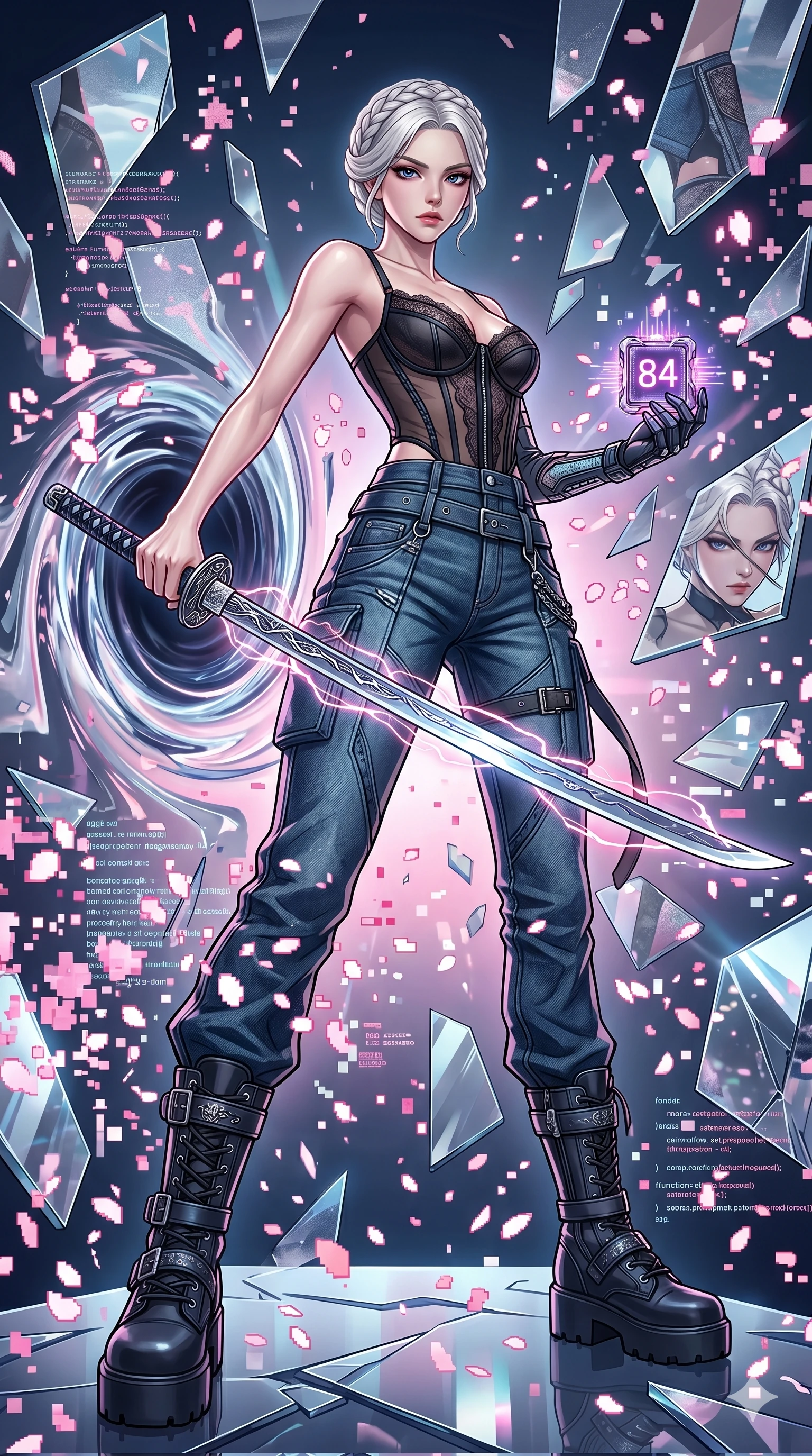 score_9, masterpiece, best quality, ultra-detailed, Set A: High-budget Anime Keyframe, Korean woman. Low angle cowboy shot filling the entire 9:16 frame with her statuesque presence. Drawing a blade through a dimension of floating mirrors, holding a relic that pulses with the frequency 84 and surrounded by digital sakura petals. She has an absolutely perfect 8-heads proportion, an exceptionally tall and slender female figure with impossibly long slender legs and an ultra-slim waist. Sharp v-shaped jawline, high-bridge nose, intricate jewel-like eyes with depth, thick eyelashes, glossy lips with a natural sheen. Wearing Sheer corset top with high-waist tech-denim and heavy platform combat boots. Cinematic lighting, vibrant colors, dramatic shadows, 2k, ultra detail, master piece, 9:16 ratio