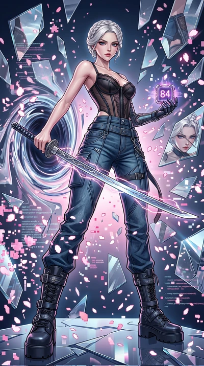 score_9, masterpiece, best quality, ultra-detailed, Set A: High-budget Anime Keyframe, Korean woman. Low angle cowboy shot filling the entire 9:16 frame with her statuesque presence. Drawing a blade through a dimension of floating mirrors, holding a 
