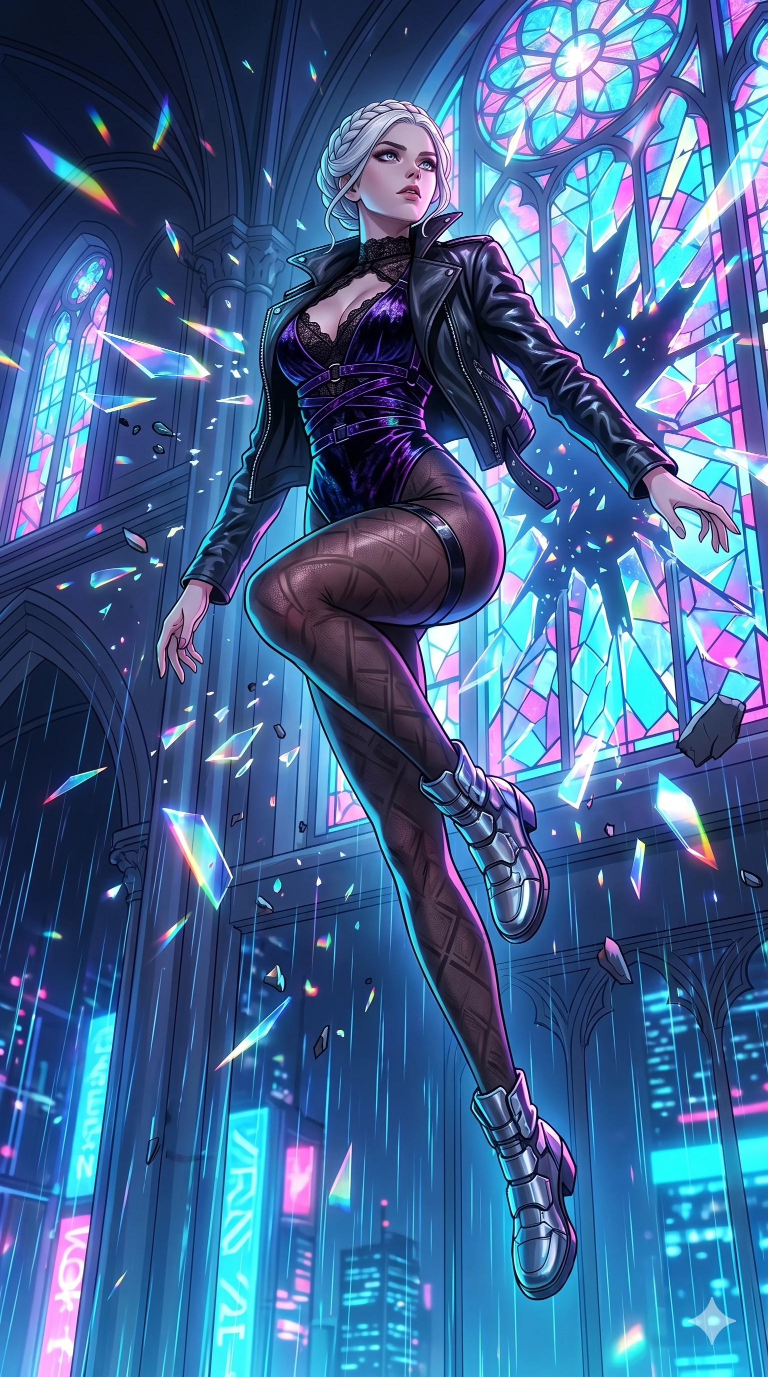 score_9, masterpiece, best quality, ultra-detailed, High-budget Anime Keyframe, vibrant colors, fluid line-art, expressive lighting, cinematic composition, Ufotable-style visual effects, top-tier animation quality, Japanese woman with delicate and elegant anime-inspired features. Low angle cowboy shot filling the entire 9:16 frame with her statuesque presence, looking up to emphasize her height. Leaping through the shattered stained glass of a neon-lit futuristic cathedral, her body caught in mid-air as prismatic light fragments explode around her and digital rain falls from the vaulted ceiling. She has an absolutely perfect 8-heads proportion, an exceptionally tall and slender female figure with impossibly long slender legs and an ultra-slim waist, her statuesque height and towering silhouette dominating the vertical 9:16 frame. Her face is a masterpiece featuring a sharp v-shaped jawline, high-bridge nose, intricate jewel-like eyes with depth, thick eyelashes, and glossy lips with a natural sheen. She is wearing a stylishly unzipped leather jacket over a delicate lace top and a stylish belt harness crafted from Crushed dark velvet with a deep, rich texture that absorbs light and glows at the edges, accompanied by patterned tights and metallic boots. The scene is set in a sprawling cyberpunk metropolis in heavy rain with vibrant neon glows reflecting on every surface, illuminated by dynamic strobe effects that capture her movement in a series of sharp fragments. 2k, ultra detail, master piece, 9:16 ratio