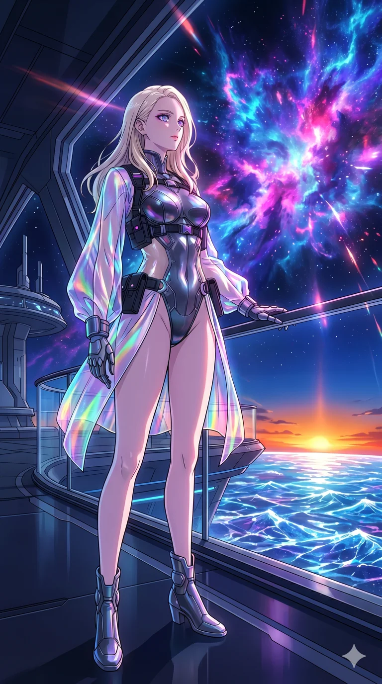 score_9, masterpiece, best quality, ultra-detailed, High-budget Anime Keyframe, vibrant colors, fluid line-art, expressive lighting, cinematic composition, Ufotable-style visual effects, top-tier animation quality, Caucasian woman with pale skin, blonde hair, and (strictly human ears). Cinematic low angle perspective showcasing her towering height and perfect 8-heads proportion. Observing the slow birth of a new nebula from her private balcony on a space station, the colors reflecting in her eyes. She has an absolutely perfect 8-heads proportion, an exceptionally tall and slender female figure with impossibly long slender legs and an ultra-slim waist, her statuesque height and towering silhouette dominating the vertical 9:16 frame. Her face is a masterpiece featuring a sharp v-shaped jawline, high-bridge nose, intricate jewel-like eyes with depth, thick eyelashes, and glossy lips with a natural sheen. She is wearing a High-cut leotard with metallic plating and translucent PVC panels on the sides crafted from Holographic chiffon that changes color with every movement, creating a rainbow effect, with an exposed midriff and a complex harness system that draws the eye. The scene is set in a vibrant sunset over a futuristic crystalline ocean with waves made of liquid light, illuminated by intense energy flares from her powers illuminating the scene with brilliant light. 2k, ultra detail, master piece, 9:16 ratio