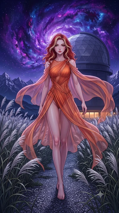 score_9, masterpiece, best quality, ultra-detailed, High-budget Anime Keyframe, Caucasian woman, strictly human ears. Low angle cowboy shot filling the entire 9:16 frame with her statuesque presence. Scenario 543: walking through a field of tall silv