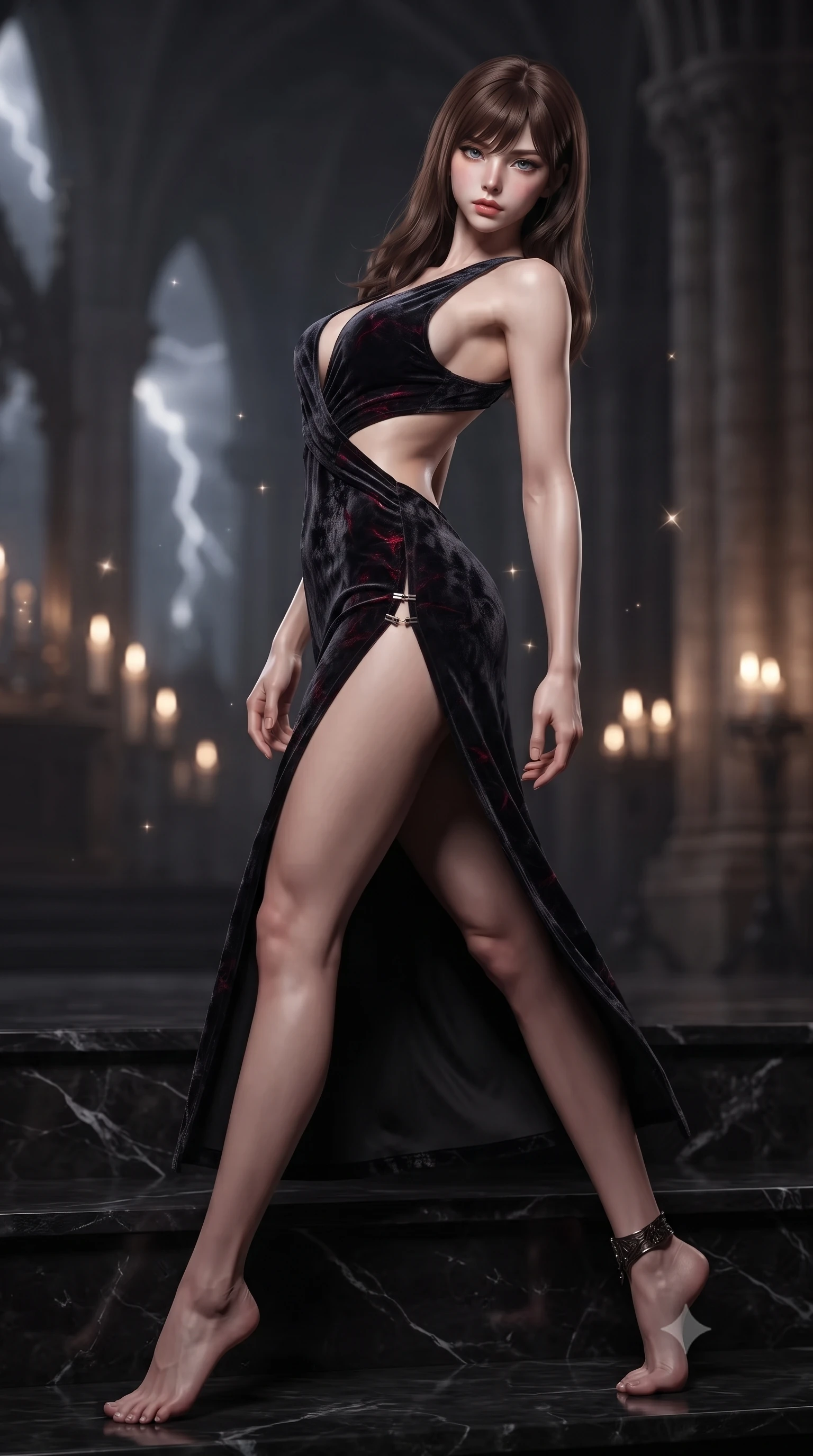 score_9, masterpiece, best quality, ultra-detailed, high-budget anime keyframe, editorial fashion photography, tasteful artistic composition, Korean woman. low angle full-body shot from head to toe showing her feet, filling the entire 9:16 vertical frame with her statuesque presence, stretching her vertical silhouette. arching her spine in a fluid zero-gravity turn with sovereign grace, her long slender legs and sculpted torso creating a sweeping line with provocative poise while pivoting dynamically on polished black marble cathedral steps as shadows of Gothic gargoyles flicker across her statuesque silhouette. The composition keeps background elements in soft focus with creamy bokeh. flickering candle flames and lightning flashes scattering subtle specular glints across a dark backdrop. She has an absolutely perfect, statuesque 8.5-heads proportion, an exceptionally tall and slender model-like female figure with impossibly long slender legs, a toned flat midriff, and an ultra-slim waist. sharp v-shaped jawline, high-bridge nose, intricate jewel-like eyes with depth, thick eyelashes, glossy lips with a natural sheen, flawlessly proportioned anatomical accuracy, strict slender model proportions, natural body alignment, perfectly sculpted long slender limbs, ultra-slim waistline, clean dynamic posture without body distortion. wearing a second-skin midnight black latex mini dress with a dramatic open-back design wrapping around her waist and a plunging neckline in smoky charcoal grey and glowing crimson filaments, made of rich crushed velvet that catches deep directional light with soft gradients, finished with an ultra-high side slit secured by miniature magnetic clasps, the precision-cut daring openings accentuating her delicate midriff, graceful bare collarbones, and ultra-slim feminine waistline. surrounded by a dark, mysterious, and intensely seductive gothic-noir vampire queen aura. ultra-reflective glossy finish, specular highlights, dark metallic sheen, deep chiaroscuro contrast, volumetric dynamic shadow lighting, 2k, ultra detail, master piece, 9:16 ratio