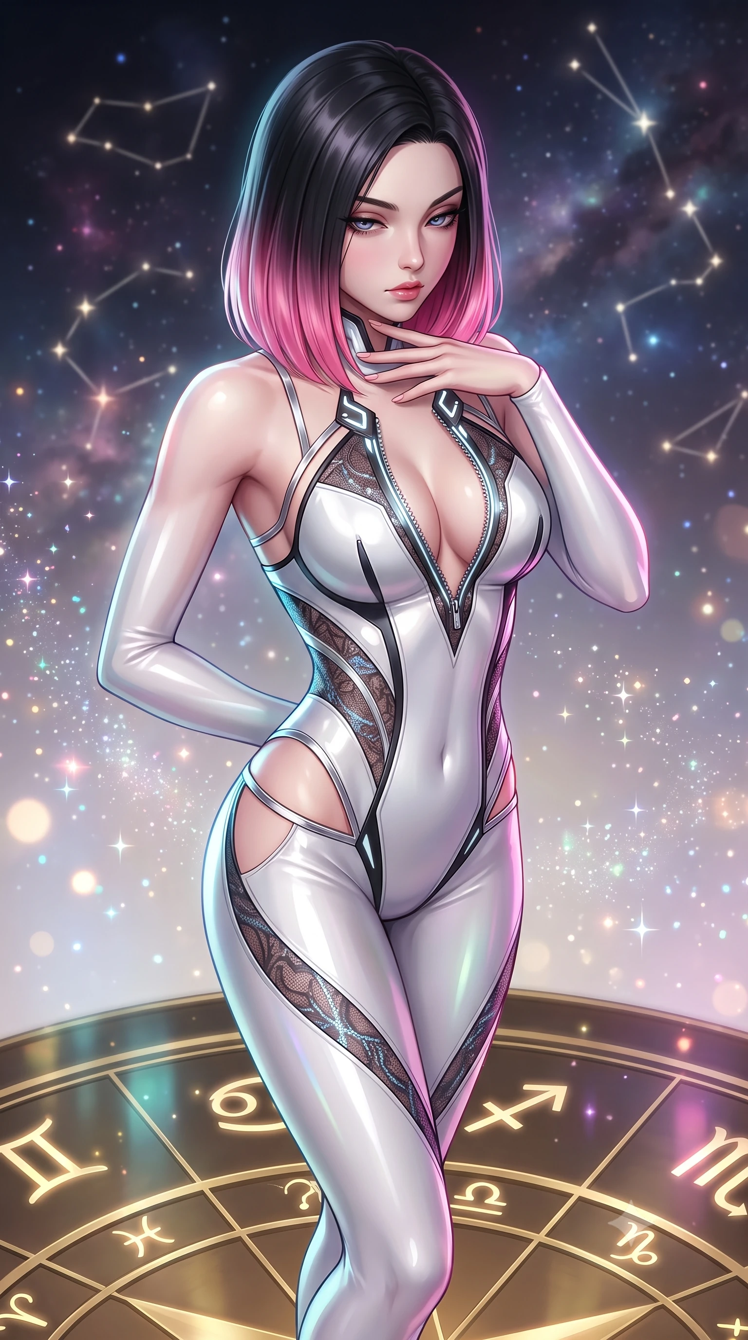 score_9, masterpiece, best quality, ultra-detailed, high-budget anime keyframe, semi-realistic 3D game render, editorial fashion photography, tasteful artistic composition, Korean woman. close-up cowboy shot from the waist and thighs up, the character dominates the composition, filling the frame with her large presence. resting her fingers lightly against her throat while looking down with a smoldering, haughty yet intensely captivating glance while pivoting dynamically on a polished brass star-chart floor as glowing constellation glyphs project light across her figure. The composition keeps background elements in soft focus with creamy bokeh. sparkling holographic stardust scattering soft glowing light across a celestial backdrop. She has an exceptionally elegant, slender, and willowy female figure with an ultra-slim waist, a gracefully sculpted slender torso, toned flat midriff, and a refined slim silhouette. sharp v-shaped jawline, high-bridge nose, intricate jewel-like eyes with depth, thick eyelashes, glossy lips with a natural sheen, flawlessly proportioned anatomical accuracy, strict slender model proportions, natural body alignment, perfectly sculpted long slender limbs, ultra-slim waistline, clean dynamic posture without body distortion. wearing a second-skin white liquid-mercury micro-bodysuit sculpted tightly to her slender build, featuring razor-thin metallic straps and hip cutouts in high-gloss monochrome white and sharp black contrast, crafted from delicate dark lace interwoven with luminescent micro-fibers, featuring a dangerously unzipped neckline framed by glowing cybernetic accents, the liquid-tight tailored fabric emphasizing every curve of her tall, slender model proportions and sculptured silhouette during dynamic movement. surrounded by an intellectual, noble, and enchantingly seductive celestial royalty aura. highly saturated vibrant anime colors, detailed shading with soft gradients, rich glossy textures, high-contrast stereoscopic depth, volumetric dynamic lighting, master piece, 9:16 ratio