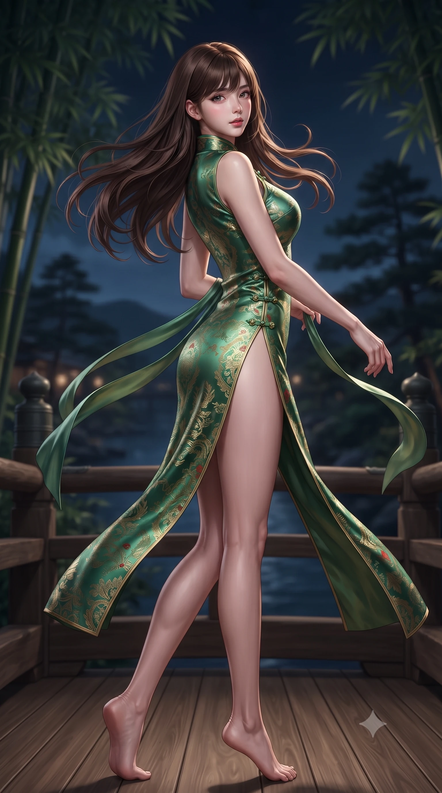 score_9, masterpiece, best quality, ultra-detailed, high-budget anime keyframe, editorial fashion photography, tasteful artistic composition, Korean woman. low angle full-body shot from head to toe showing her feet, filling the entire 9:16 vertical frame with her statuesque presence, stretching her vertical silhouette. executing an elegant mid-motion pivot turn as garments swirl around her slender limbs, glancing over her shoulder with an intoxicating bedroom-gaze while standing poised on the wooden bridge terrace, twisting her upper body in an alluring S-curve as night wind rustles through the bamboo canopy. The composition keeps background elements in soft focus with creamy bokeh. distant Katsura river waters and dark pine silhouettes softened in dreamy nocturnal shallow focus. She has an absolutely perfect, statuesque 8.5-heads proportion, an exceptionally tall and slender model-like female figure with impossibly long slender legs, a toned flat midriff, an ultra-slim waist, and beautifully sculpted feminine hips. sharp v-shaped jawline, high-bridge nose, intricate jewel-like eyes with depth, thick eyelashes, glossy parted lips with a natural sheen, intensely captivating and seductive bedroom-eyes expression, flawlessly proportioned anatomical accuracy, strict slender model proportions, natural body alignment, perfectly sculpted long slender limbs, ultra-slim waistline, clean dynamic posture without body distortion. wearing a liquid metallic bamboo-green gown with open side slits ascending to the high hip in pure snow white and vermilion red, woven from lightweight fluid silk brocade with woven gold thread, finished with genuine jade button closures and floating celestial silk ribbons, the form-contouring material adhering flawlessly to her sculpted flat midriff and slender torso, emphasizing her long leg lines and perfectly proportioned willowy build. surrounded by a tranquil, poetic, and deeply sensual Japanese ryokan muse aura. ultra-reflective glossy finish, specular highlights, rich textural contrasts, high-contrast stereoscopic depth, volumetric dynamic lighting, 2k, ultra detail, master piece, 9:16 ratio