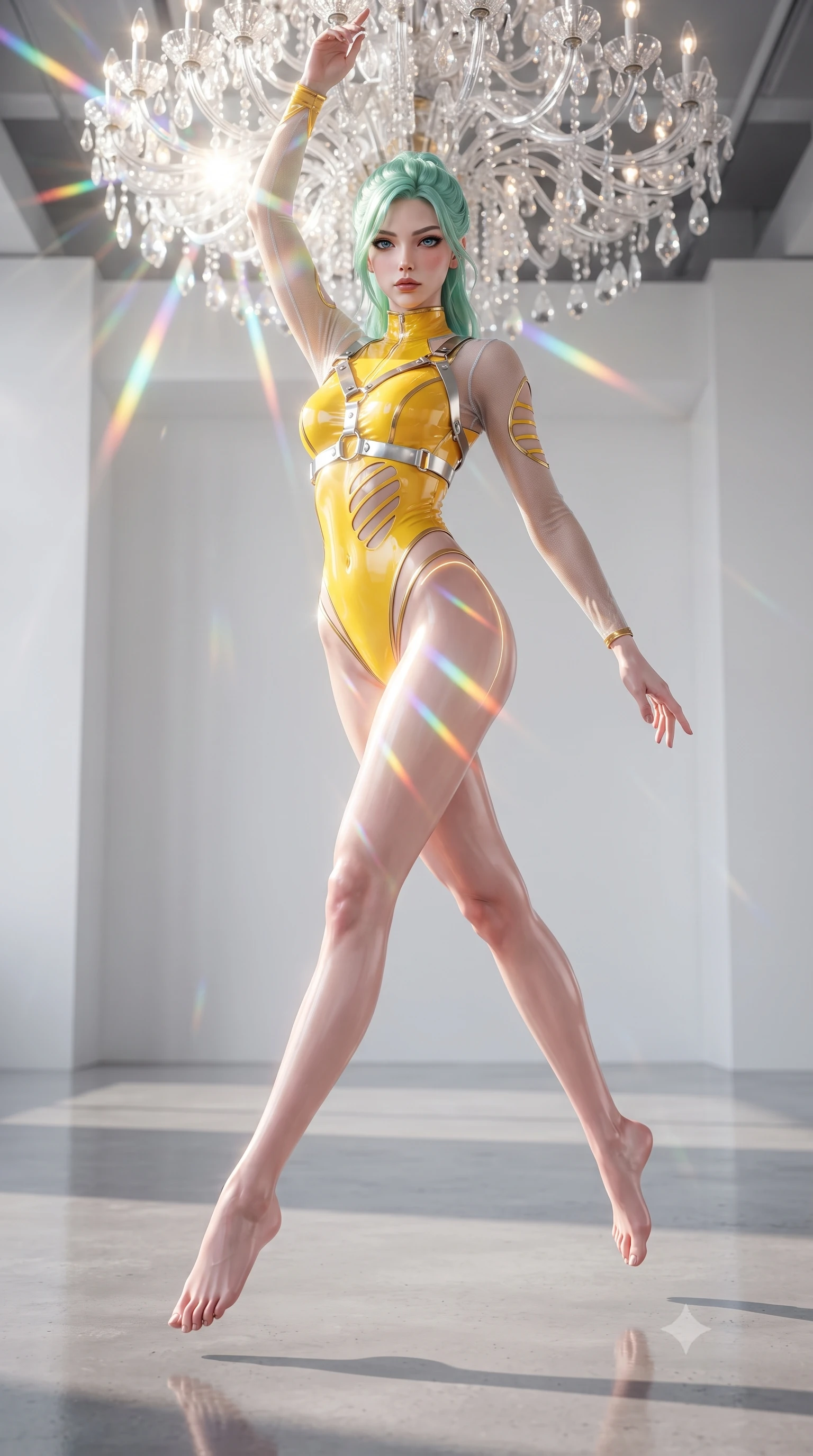 score_9, masterpiece, best quality, ultra-detailed, high-budget anime keyframe, editorial fashion photography, tasteful artistic composition, Japanese woman. low angle full-body shot from head to toe showing her feet, filling the entire 9:16 vertical frame with her statuesque presence, stretching her vertical silhouette. performing an alluring mid-air vault with flawless poise, looking directly into the camera with smoldering intensity while pausing beneath a crystal chandelier refracting sunlight into dazzling rainbow rays across her skin. The composition keeps background elements in soft focus with creamy bokeh. pristine white gallery walls and polished floor reflections softened by shallow cinematic focus. She has an absolutely perfect, statuesque 8.5-heads proportion, an exceptionally tall and slender model-like female figure with impossibly long slender legs, a toned flat midriff, and an ultra-slim waist. sharp v-shaped jawline, high-bridge nose, intricate jewel-like eyes with depth, thick eyelashes, glossy lips with a natural sheen, flawlessly proportioned anatomical accuracy, strict slender model proportions, natural body alignment, perfectly sculpted long slender limbs, ultra-slim waistline, clean dynamic posture without body distortion. wearing an ultra-sleek high-cut tech-bodysuit featuring dangerous diagonal slitted cutouts on the midriff and shoulders, reinforced by a metallic silver harness and sheer mesh sleeves in vibrant sunburst canary yellow and gold trim, formed from high-gloss patent material with specular light reflections, accented with glowing fiber-optic seams tracing her collarbones and hip curves, the liquid-tight tailored fabric emphasizing every curve of her tall, slender model proportions and sculptured silhouette during dynamic movement. illuminated by high-contrast specular reflections on crystal and polished surfaces. ultra-reflective glossy finish, specular highlights, metallic sheen, high-contrast stereoscopic depth, volumetric dynamic lighting, 2k, ultra detail, master piece, 9:16 ratio