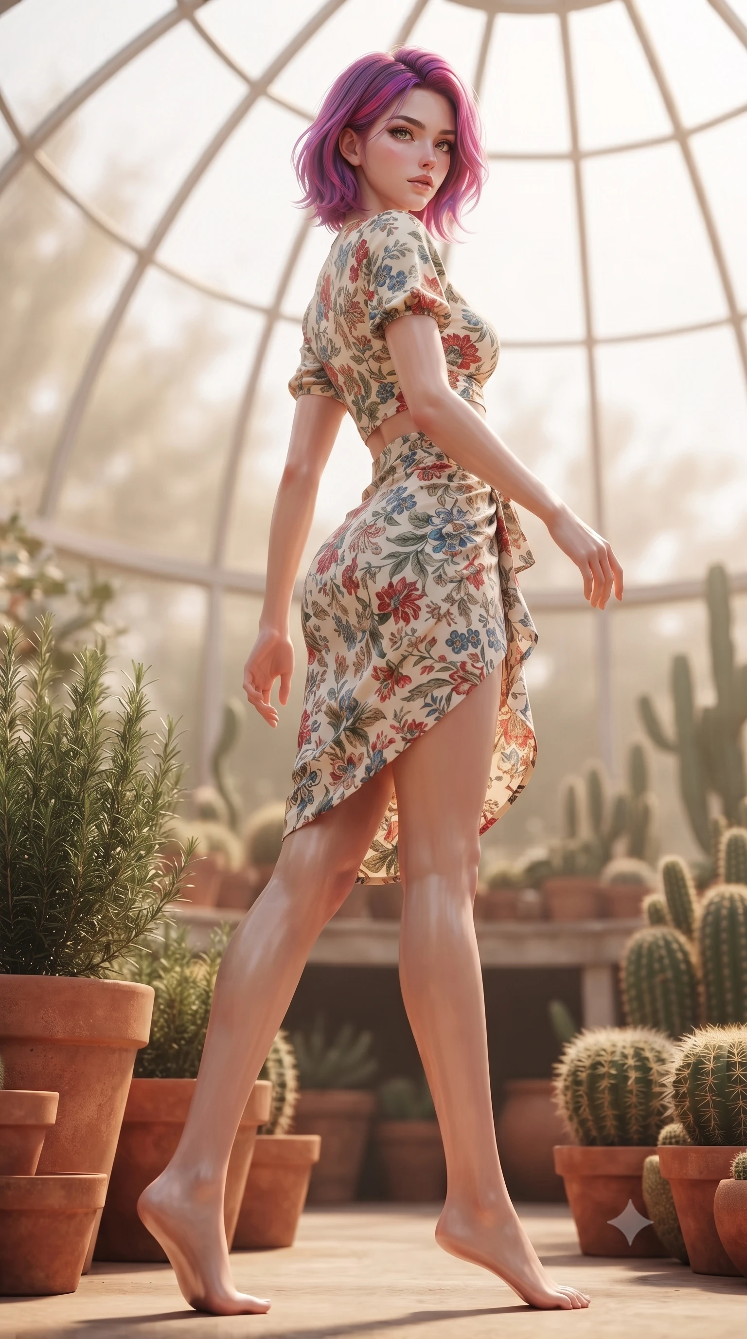 score_9, masterpiece, best quality, ultra-detailed, high-budget anime keyframe, editorial fashion photography, tasteful artistic composition, Caucasian woman. low angle full-body shot from head to toe showing her feet, filling the entire 9:16 vertical frame with her statuesque presence, stretching her vertical silhouette. stepping gracefully while looking back over her shoulder, her dress draped tightly to reveal her silhouette the background shows a soft-focus a desert greenhouse dome, surrounded by terracotta pots, rosemary, and cacti. She has an absolutely perfect, statuesque 8.5-heads proportion, an exceptionally tall and slender model-like female figure with impossibly long slender legs and an ultra-slim waist. sharp v-shaped jawline, high-bridge nose, intricate jewel-like eyes with depth, thick eyelashes, glossy lips with a natural sheen. wearing a body-hugging summer vacation crop top and wrap skirt set in floral print cotton, showing her slim waist. warm, diffused daylight creating a quiet and productive mood. ultra-reflective glossy finish, specular highlights, metallic sheen, high-contrast stereoscopic depth, volumetric dynamic lighting, 2k, ultra detail, master piece, 9:16 ratio