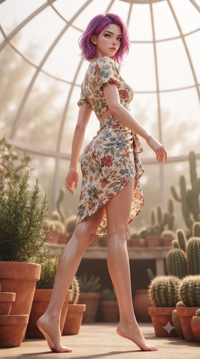 score_9, masterpiece, best quality, ultra-detailed, high-budget anime keyframe, editorial fashion photography, tasteful artistic composition, Caucasian woman. low angle full-body shot from head to toe showing her feet, filling the entire 9:16 vertica