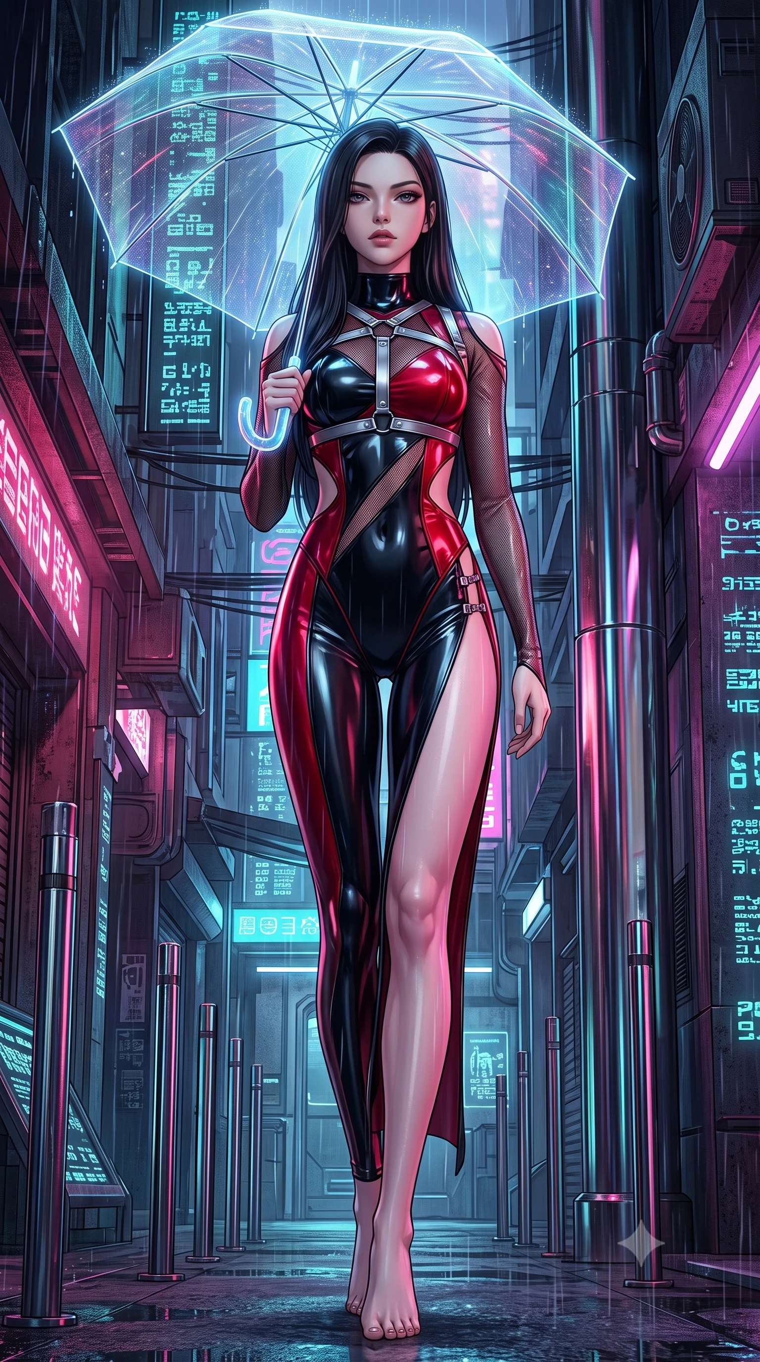score_9, masterpiece, best quality, ultra-detailed, high-budget anime keyframe, semi-realistic 3D game render, editorial fashion photography, tasteful artistic composition, Korean woman. low angle full-body shot from head to toe showing her feet, filling the entire 9:16 vertical frame with her statuesque presence, stretching her vertical silhouette. striding forward in a proud, statuesque motion with a dangerous smolder, her vertical silhouette dominating the frame from head to toe while pausing beneath a glowing holographic umbrella as neon rain streams down her form-contouring outfit. The surrounding environment is rendered in vivid detail and crisp panoramic clarity. intricate cyber-alley architecture, glowing data glyphs, and chrome pillar reflections in high clarity. She has an absolutely perfect, statuesque 8.5-heads proportion, an exceptionally tall and slender model-like female figure with impossibly long slender legs and an ultra-slim waist. sharp v-shaped jawline, high-bridge nose, intricate jewel-like eyes with depth, thick eyelashes, glossy lips with a natural sheen, flawlessly proportioned anatomical accuracy, natural body alignment, perfectly sculpted elegant limbs, clean dynamic posture without body distortion. wearing an ultra-sleek high-cut tech-bodysuit featuring dangerous diagonal slitted cutouts on the midriff and shoulders, reinforced by a metallic silver harness and sheer mesh sleeves in glossy obsidian black and radiant crimson red, crafted from delicate dark lace interwoven with luminescent micro-fibers, finished with an ultra-high side slit secured by miniature magnetic clasps, the glove-like fit tightly following every curve of her statuesque athletic build. surrounded by a gritty, glamorous, and intensely cinematic cyberpunk noir atmosphere. highly saturated vibrant anime colors, detailed shading with soft gradients, rich glossy textures, high-contrast stereoscopic depth, volumetric dynamic lighting, master piece, 9:16 ratio