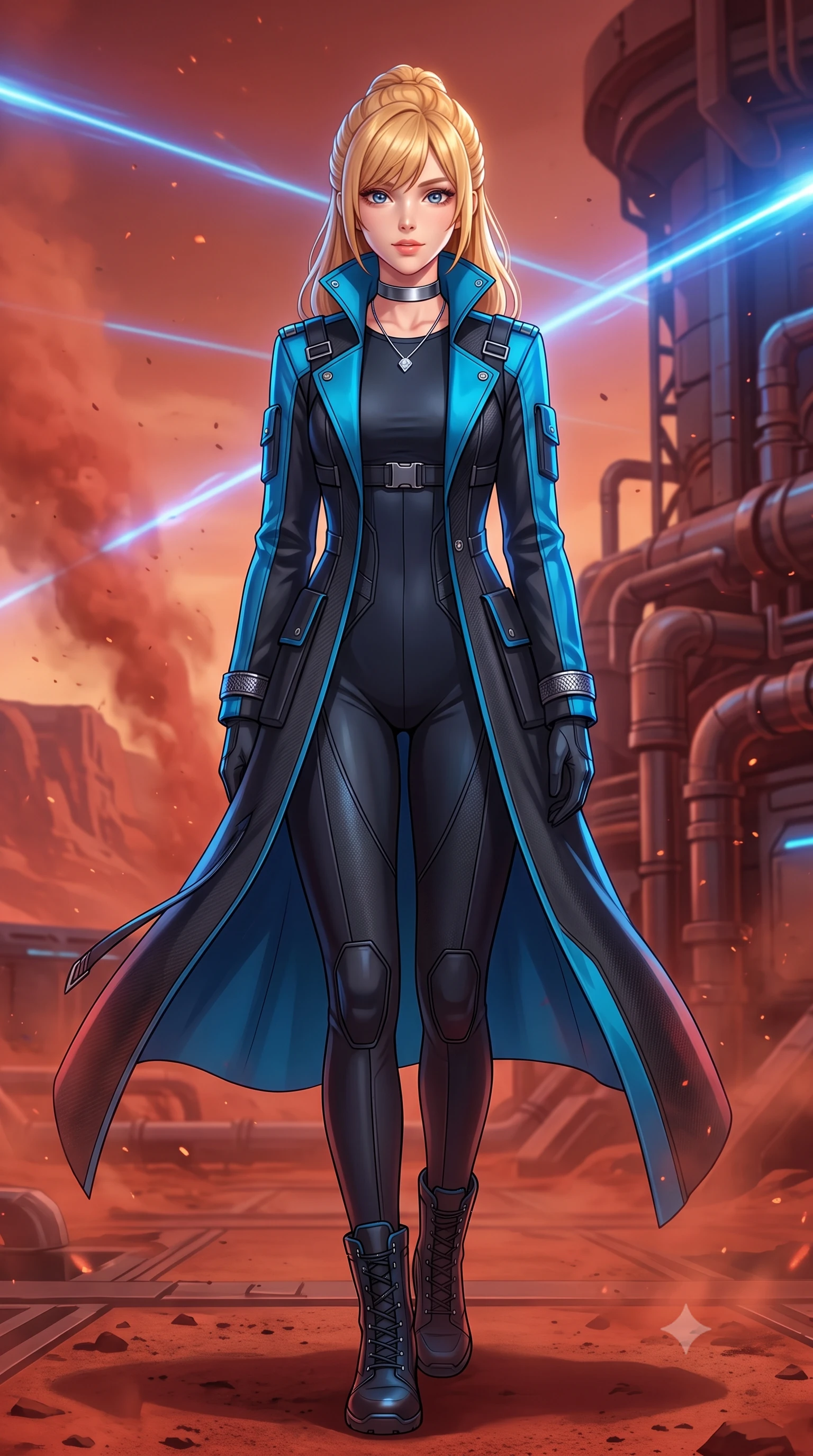 score_9, masterpiece, best quality, ultra-detailed, high-budget anime keyframe, semi-realistic 3D game render, editorial fashion photography, tasteful artistic composition, Caucasian woman. low angle full-body shot from head to toe showing her feet, filling the entire 9:16 vertical frame with her statuesque presence, stretching her vertical silhouette. stepping slowly toward the camera with hypnotic grace, hips swaying in an alluring sensual rhythm that accentuates her curvy hourglass silhouette and long slender legs while leaning against the heavy terraforming conduit with hips cocked back, watching blue atmospheric ionization lasers pierce red dust storms with smoldering bedroom-eyes. The background shows a soft-focus fine Martian regolith dust motes softened in planetary canyon outpost shallow focus. She has an exceptionally tall and slender model-like 8.5-heads proportion, an ultra-slim waist, a flat toned midriff, narrow delicate ribcage, and beautifully sculpted feminine hips creating a graceful, slim hourglass silhouette without any bulky heaviness, with impossibly long slender legs. sharp v-shaped jawline, high-bridge nose, intricate jewel-like sparkling eyes with depth, thick eyelashes, glossy parted lips with a natural peach sheen, bright cheerful beaming smile with an enchanting and coquettish sensual glint, exuding both youthful cute charm and seductive allure, flawlessly proportioned anatomical accuracy, strict slender model proportions, natural body alignment, perfectly sculpted long slender limbs, ultra-slim waistline, clean dynamic posture without body distortion. wearing a bespoke tactical commander trench coat in matte carbon-weave with magnetic utility buckles, storm flaps, and high standing collar in tactical obsidian black and high-voltage cyan, tailored from high-density tech-wool with subtle metallic thread weave, finished with a minimalist chrome choker and a single teardrop diamond pendant, the bespoke structured tailoring following the natural line of her 8.5-heads silhouette with refined elegance. illuminated by red sand reflection bounce and sharp cobalt-blue laser rim lights sculpting her jawline, narrow waist, and curvy hips. highly saturated vibrant anime colors, detailed shading with soft gradients, rich glossy textures, high-contrast stereoscopic depth, volumetric dynamic lighting, master piece, 9:16 ratio