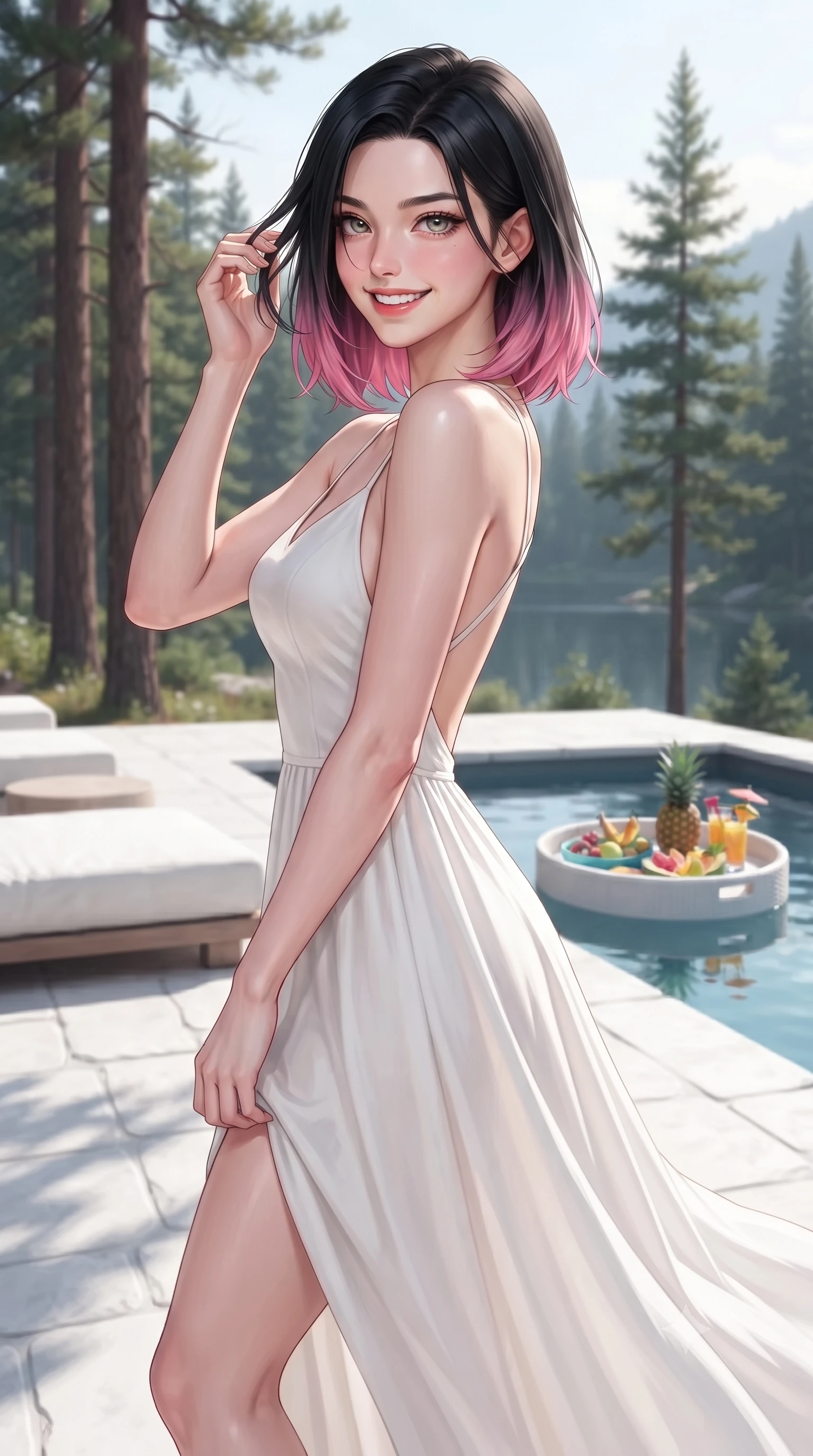 score_9, masterpiece, best quality, ultra-detailed, high-budget anime keyframe, editorial fashion photography, tasteful artistic composition, Korean woman. close-up cowboy shot from the waist and thighs up, the character dominates the composition, filling the frame with her large presence, background elements kept in soft focus. flashing an intoxicating, sunny grin while brushing a strand of hair away from her face set against a soft-focus background of on a cozy glamping deck surrounded by tall pine trees and a quiet mountain lake with a small pool tray floating on the water with tropical snacks. She has an exceptionally elegant, slender, and willowy female figure with an ultra-slim waist, a gracefully sculpted slender torso, and a refined silhouette. sharp v-shaped jawline, high-bridge nose, intricate jewel-like eyes with depth, thick eyelashes, glossy lips with a natural sheen. wearing form-contouring backless cotton sundress in white, featuring delicate straps and a long flowing skirt. bright midday sun casting crisp, clean shadows on the white stone deck. ultra-reflective glossy finish, specular highlights, metallic sheen, high-contrast stereoscopic depth, volumetric dynamic lighting, 2k, ultra detail, master piece, 9:16 ratio