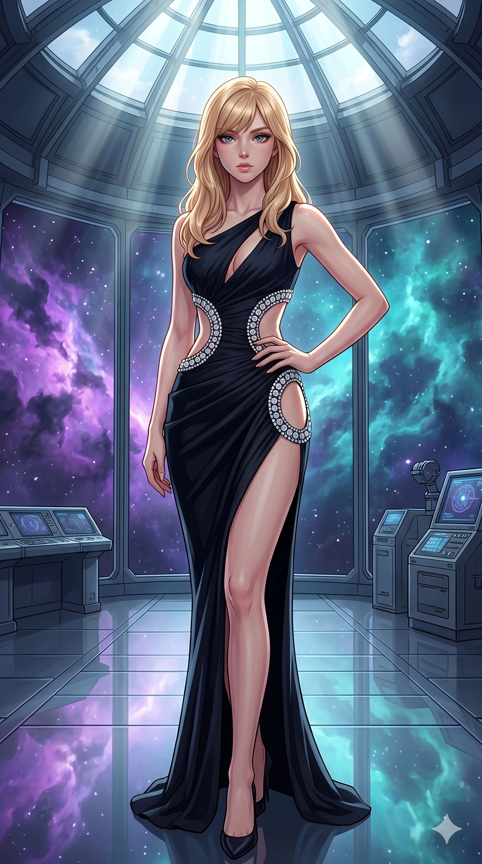 score_9, masterpiece, best quality, ultra-detailed, high-budget anime keyframe, editorial fashion photography, tasteful artistic composition, Caucasian woman, strictly human ears. cowboy shot from the thighs up, character and outfit filling the frame for maximum editorial presence. Holding a confident power pose with one hand on her hip inside a deep-space observatory with nebula clouds of violet and teal drifting past panoramic windows. She has an absolutely perfect 8-heads proportion, an exceptionally tall and slender female figure with impossibly long slender legs and an ultra-slim waist. V-shaped jawline, high-bridge nose, intricate jewel-like eyes with depth, thick eyelashes, glossy lips with a natural sheen. wearing a midnight black structured couture gown with elaborate crystal-edged circular cutouts at the waist and hip, creating a dazzling jeweled window effect against her skin. drenched in cinematic god-ray sunlight descending from a vaulted glass ceiling, illuminating her form. 2k, ultra detail, master piece, 9:16 ratio