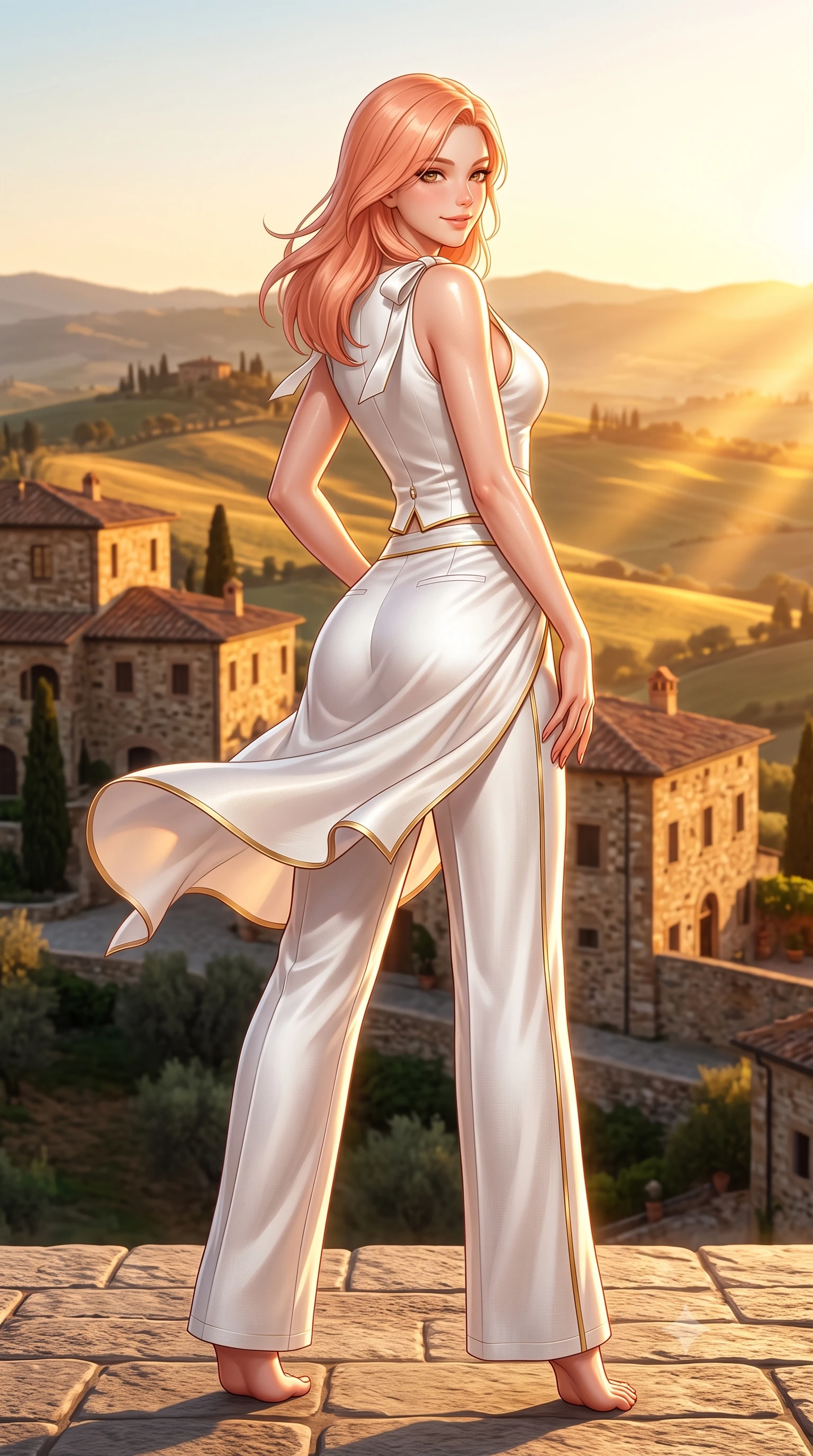 score_9, masterpiece, best quality, ultra-detailed, high-budget anime keyframe, semi-realistic 3D game render, editorial fashion photography, tasteful artistic composition, Japanese woman. low angle full-body shot from head to toe showing her feet, filling the entire 9:16 vertical frame with her statuesque presence, stretching her vertical silhouette. posing with back turned slightly to the lens, glancing back with an enchanting, playful smile as she arches her lower back to emphasize her sculpted feminine hips and slender waist while twisting her slender torso in an alluring S-curve, warm evening breezes fluttering her silk resort pareo around her hips and legs. The surrounding environment is rendered in vivid detail and crisp panoramic clarity. detailed linen resort fit texture, golden sunlight glints on skin, and Tuscan villa stonecraft in high resolution. She has an exceptionally tall and slender model-like 8.5-heads proportion, an ultra-slim waist, a flat toned midriff, narrow delicate ribcage, and beautifully sculpted feminine hips creating a graceful, slim hourglass silhouette without any bulky heaviness, with impossibly long slender legs. sharp v-shaped jawline, high-bridge nose, sparkling amber-hazel eyes with depth, long lush eyelashes, glossy sun-kissed lips with a warm coral glaze, radiant teasing smile with sensual sunlit bedroom-eyes, exuding effortless old-money elegance and intoxicating sun-drenched allure, flawlessly proportioned anatomical accuracy, strict slender model proportions, natural body alignment, perfectly sculpted long slender limbs, ultra-slim waistline, clean dynamic posture without body distortion. wearing a tailored satin resort vest worn closed against bare skin with high-waisted silk palazzo pants cinched at her narrow waist in pure alabaster white and molten gold accents, crafted from fine lightweight breathable linen with an effortless natural drape, finished with cute satin bow ribbons tying at the shoulders, the form-contouring cut accentuating her sculpted flat midriff, narrow delicate ribcage, and gracefully curvy hips with sun-drenched supermodel elegance. bathed in pure molten Tuscan golden hour light streaming horizontally across the hills. highly saturated vibrant anime colors, detailed shading with soft gradients, rich glossy textures, high-contrast stereoscopic depth, volumetric dynamic lighting, master piece, 9:16 ratio