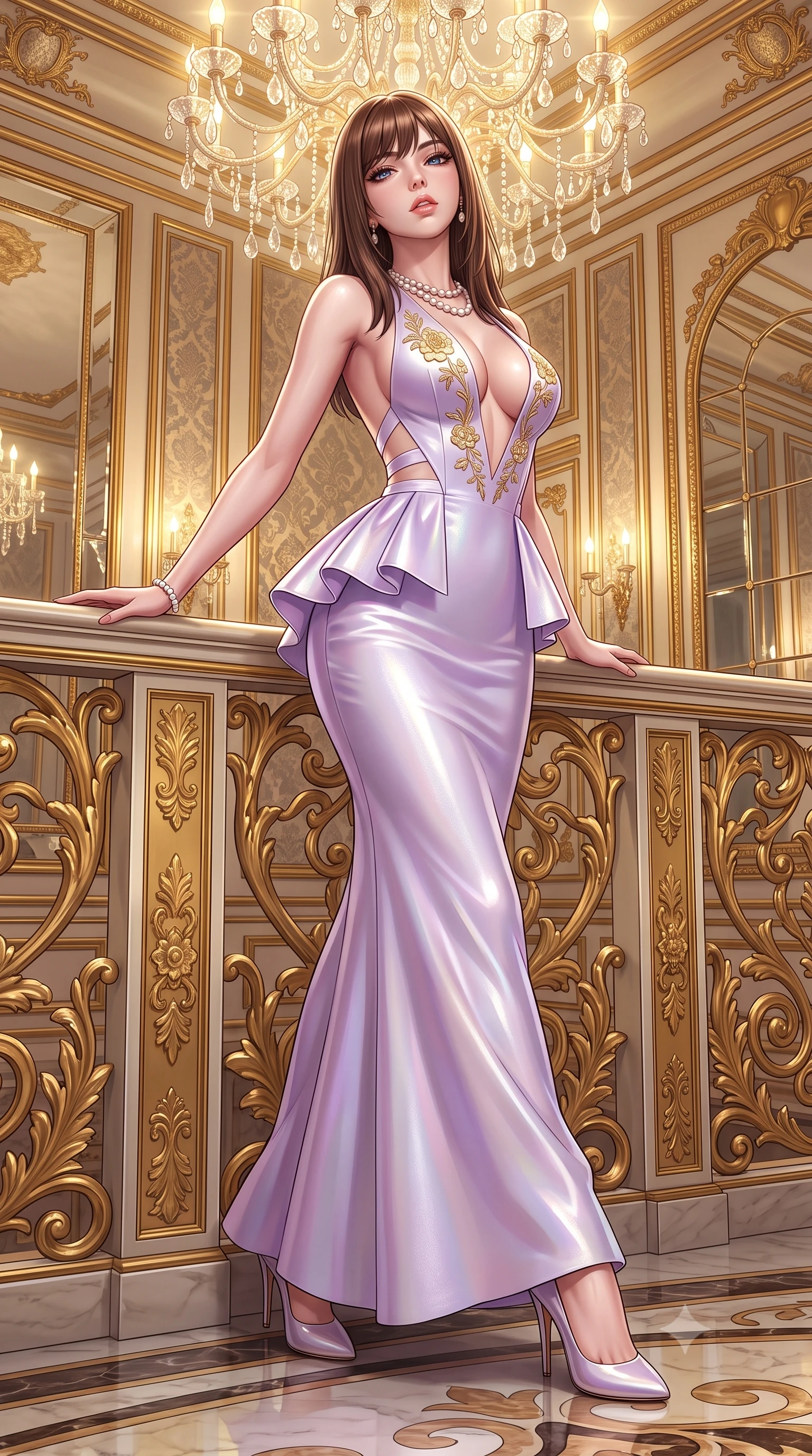 score_9, masterpiece, best quality, ultra-detailed, high-budget anime keyframe, semi-realistic 3D game render, editorial fashion photography, tasteful artistic composition, Korean woman. low angle full-body shot from head to toe showing her feet, filling the entire 9:16 vertical frame with her statuesque presence, stretching her vertical silhouette. striding forward in a proud supermodel runway stride, hips swaying in an alluring kinetic rhythm that accentuates her curvy hourglass silhouette while leaning back against an ornate gold-leaf balustrade under crystal chandeliers, head tilted back with bedroom-eyes locking onto the viewer. The surrounding environment is rendered in vivid detail and crisp panoramic clarity. detailed silk brocade patterns, antique mirror bevels, and pearl jewelry luster in high resolution. She has an absolutely perfect, statuesque 8.5-heads proportion, an exceptionally tall and slender model-like female figure with impossibly long slender legs, a toned flat midriff, an ultra-slim waist, and beautifully sculpted feminine hips. sharp v-shaped jawline, high-bridge nose, intricate jewel-like eyes with depth, thick eyelashes, glossy parted lips with a natural sheen, intensely captivating and seductive bedroom-eyes expression, flawlessly proportioned anatomical accuracy, strict slender model proportions, natural body alignment, perfectly sculpted long slender limbs, ultra-slim waistline, clean dynamic posture without body distortion. wearing a structural geometric peplum gown with sheer side-ribbon cutouts and form-fitting skirt in pearlescent opal with soft violet luster, tailored from ultra-smooth duchess satin with a pearlescent courtly sheen, finished with delicate golden floral embroidery outlining the plunging neckline, the dramatically scooped open back descending to the base of her spine, accentuating her razor-sharp statuesque lines and curvy hourglass silhouette. bathed in radiant golden chandelier illumination and multi-directional mirror reflections. highly saturated vibrant anime colors, detailed shading with soft gradients, rich glossy textures, high-contrast stereoscopic depth, volumetric dynamic lighting, master piece, 9:16 ratio