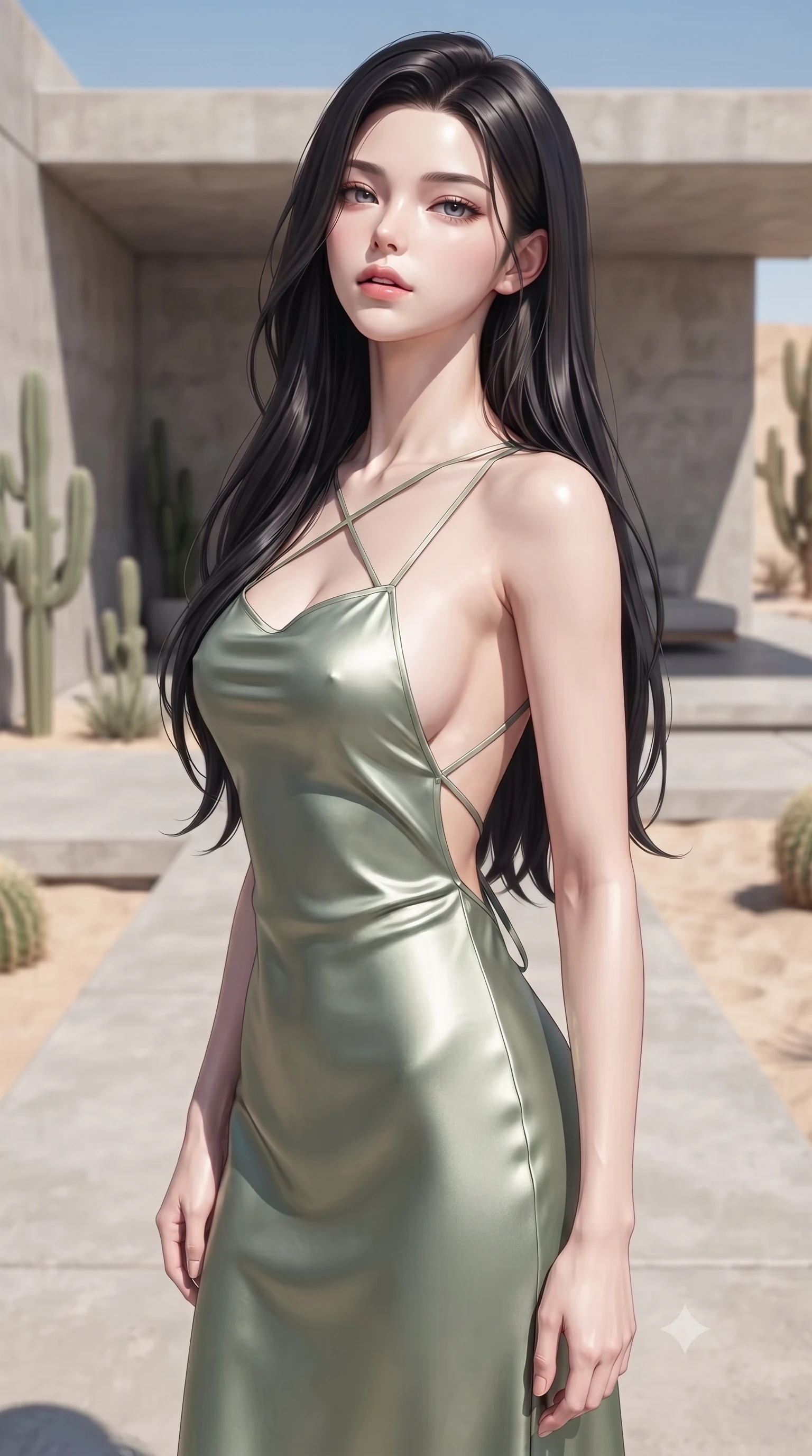 score_9, masterpiece, best quality, ultra-detailed, high-budget anime keyframe, editorial fashion photography, tasteful artistic composition, Korean woman. close-up cowboy shot from the waist and thighs up, the character dominates the composition, filling the frame with her large presence, background elements kept in soft focus. tilting her chin up slightly with lips parted in a composed, provocative expression the background shows a soft-focus a minimalist concrete patio of a desert villa, with cacti and sand landscaping. She has an exceptionally elegant, slender, and willowy female figure with an ultra-slim waist, a gracefully sculpted slender torso, and a refined silhouette. sharp v-shaped jawline, high-bridge nose, intricate jewel-like eyes with depth, thick eyelashes, glossy lips with a natural sheen. wearing a tailored lightweight silk sundress in sage green with a dramatic open-back and thin criss-cross straps. bright midday sun rays creating clean, sharp shadows and reflections. ultra-reflective glossy finish, specular highlights, metallic sheen, high-contrast stereoscopic depth, volumetric dynamic lighting, 2k, ultra detail, master piece, 9:16 ratio