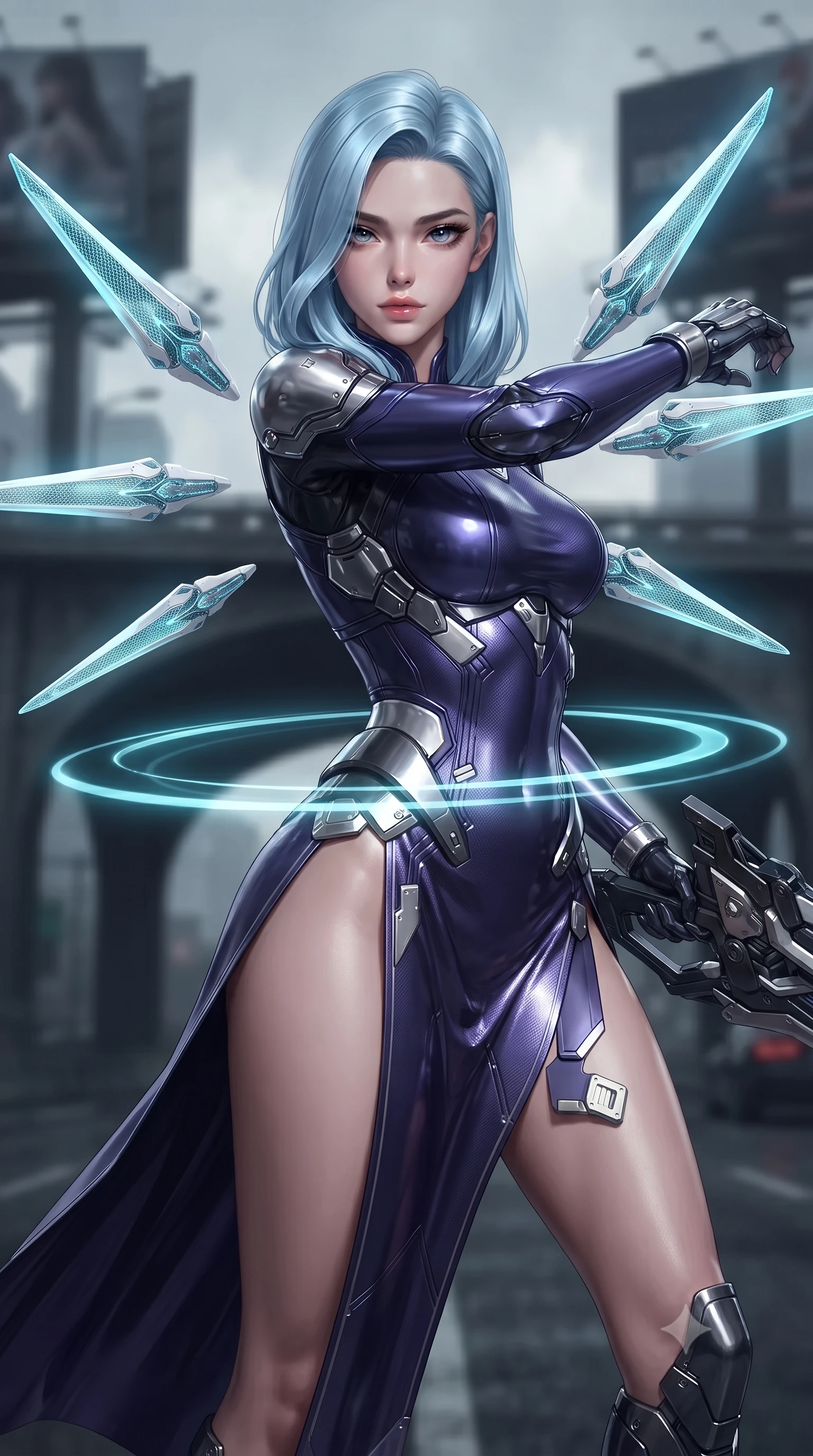 score_9, masterpiece, best quality, ultra-detailed, high-budget anime keyframe, editorial fashion photography, tasteful artistic composition, Korean woman. close-up cowboy shot from the waist and thighs up, the character dominates the composition, filling the frame with her large presence. twisting her upper body in a dynamic S-curve combat stance, one hand steadying her weapon with commanding supermodel allure while spinning gracefully in a high-speed combat turn as twin blade energy trails create glowing light rings around her waist. The composition keeps background elements in soft focus with creamy bokeh. expressway overpass arches and towering billboard scaffoldings softened in moody shallow depth of field. She has an exceptionally elegant, slender, and willowy female figure with an ultra-slim waist, a gracefully sculpted slender torso, toned flat midriff, and a refined slim silhouette. sharp v-shaped jawline, high-bridge nose, intricate jewel-like eyes with depth, thick eyelashes, glossy lips with a natural sheen, flawlessly proportioned anatomical accuracy, strict slender model proportions, natural body alignment, perfectly sculpted long slender limbs, ultra-slim waistline, clean dynamic posture without body distortion. wearing a precision-fitted royal purple carbon-fiber battle-dress with high-slit tactical skirt and silver accents, directing eight floating nano-crystal funnel blades with sovereign gestures in glacial ice-cyan carbon mesh with pure white armor plates, formed from high-gloss patent carbon-plating with specular chiaroscuro reflections, accented with glowing fiber-optic conduits tracing her collarbones and hip curves, the liquid-tight tailored fabric emphasizing every curve of her tall, slender model proportions and sculptured silhouette during dynamic movement. illuminated by sharp specular highlights tracing her ultra-slim waist, long legs, and sculpted armor plates. ultra-reflective glossy finish, specular highlights, dark metallic sheen, high-contrast stereoscopic depth, volumetric dynamic lighting, 2k, ultra detail, master piece, 9:16 ratio