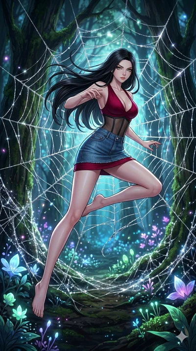 score_9, masterpiece, best quality, ultra-detailed, High-budget Anime Keyframe, beautiful Japanese anime girl. Low angle cowboy shot filling the entire 9:16 frame with her statuesque presence. Leaping through a giant spiderweb made of silver silk in 