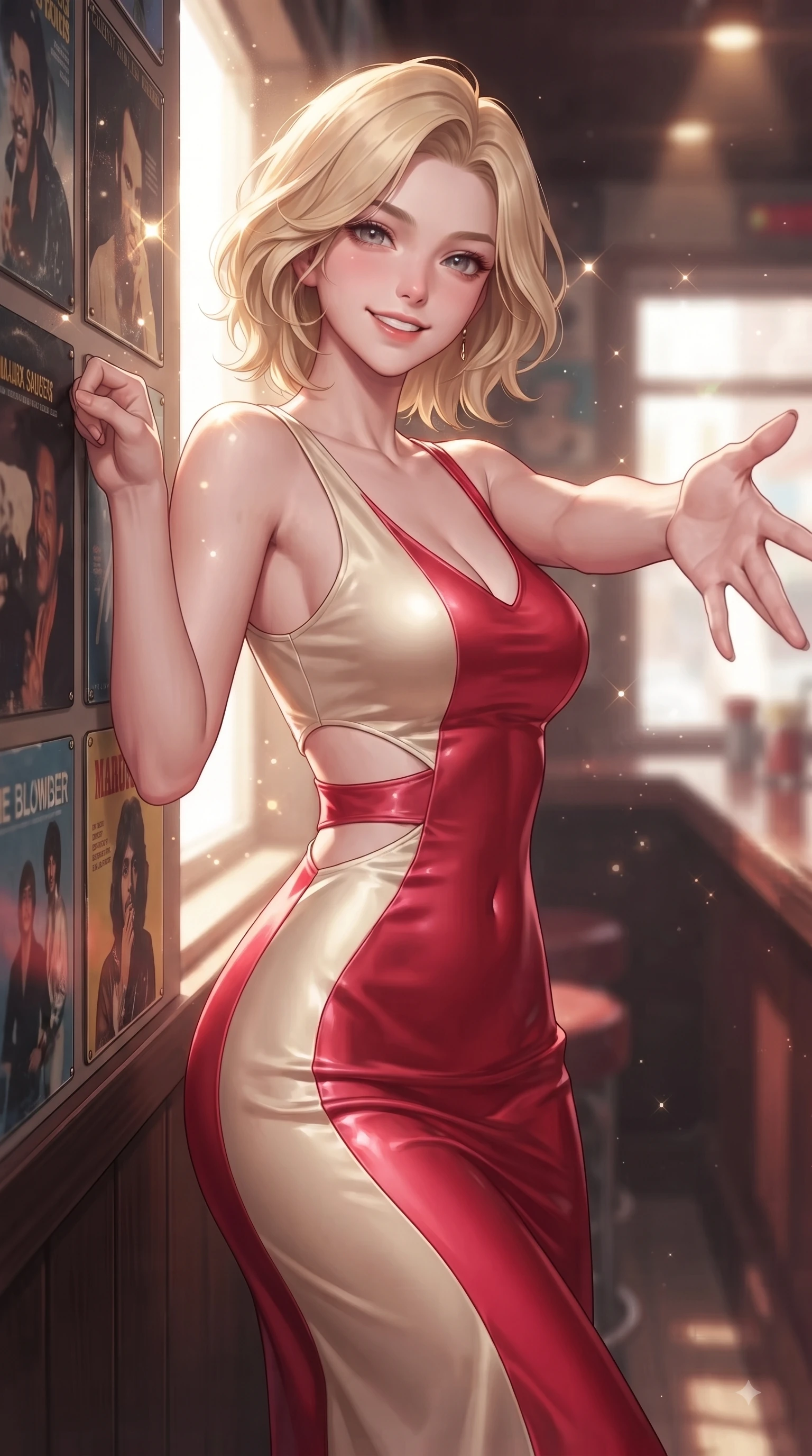 score_9, masterpiece, best quality, ultra-detailed, high-budget anime keyframe, editorial fashion photography, tasteful artistic composition, Caucasian woman. close-up cowboy shot from the waist and thighs up, the character dominates the composition, filling the frame with her large presence. Fresh enchanting smile, her eyes twinkling like jewels in the bright sunlight as one arm reaches out cheerfully while leaning against a wall lined with classic vinyl album covers under warm spotlights. The composition keeps background elements in soft focus with dreamy bokeh. rich mahogany bar counters blurred smoothly behind her feminine posture. She has an exceptionally elegant, slender, and willowy female figure with an ultra-slim waist, a gracefully sculpted slender torso, and a refined silhouette. sharp v-shaped jawline, high-bridge nose, intricate jewel-like eyes with depth, thick eyelashes, glossy lips with a natural sheen, flawlessly proportioned anatomical accuracy, natural body alignment, perfectly sculpted elegant limbs, clean dynamic posture without body distortion. wearing a form-contouring bodycon dress featuring subtle strategic side waist cutouts in vivid crimson red and champagne cream, crafted from smooth liquid silk satin, complemented by clean architectural cutouts along her slender torso, the glove-like fit emphasizing her statuesque silhouette during motion. surrounded by a nostalgic, warm, and intimate retro music atmosphere. ultra-reflective glossy finish, specular highlights, metallic sheen, high-contrast stereoscopic depth, volumetric dynamic lighting, 2k, ultra detail, master piece, 9:16 ratio