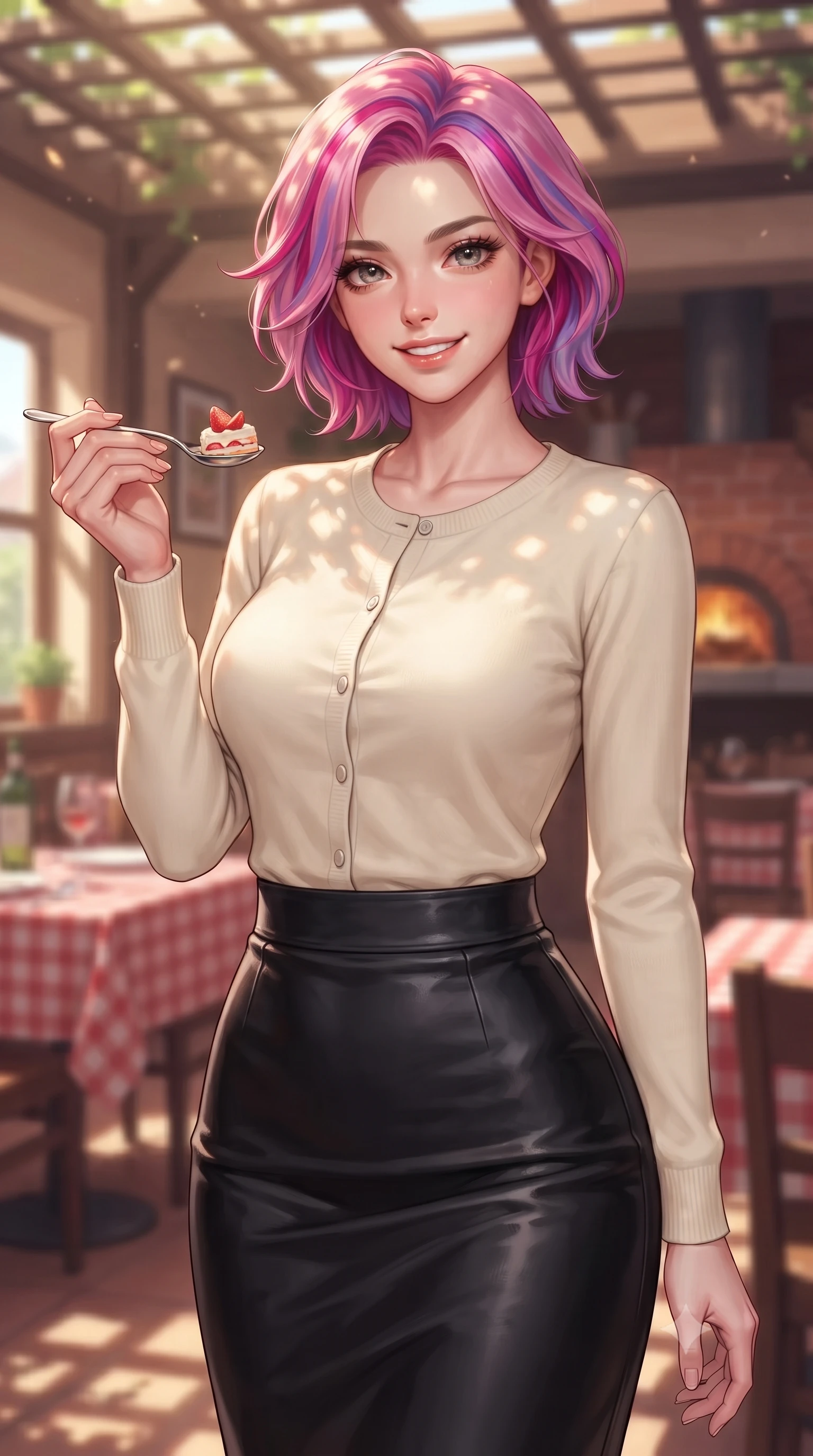 score_9, masterpiece, best quality, ultra-detailed, high-budget anime keyframe, editorial fashion photography, tasteful artistic composition, Caucasian woman. close-up cowboy shot from the waist and thighs up, the character dominates the composition, filling the frame with her large presence, background elements kept in soft focus. smiling cutely with an air of effortless superiority and magnetic charm set against a soft-focus background of inside a warm family restaurant filled with the smell of fresh pizza holding a spoon with a bite of strawberry cake, smiling happily at the camera. She has an exceptionally elegant, slender, and willowy female figure with an ultra-slim waist, a gracefully sculpted slender torso, and a refined silhouette. sharp v-shaped jawline, high-bridge nose, intricate jewel-like eyes with depth, thick eyelashes, glossy lips with a natural sheen. wearing body-hugging tight-fitting cashmere cardigan closed, paired with a sleek leather midi skirt. dappled sunlight filtering through the outdoor trellis onto her shoulders. highly saturated vibrant anime colors, detailed shading with soft gradients, rich glossy textures, high-contrast stereoscopic depth, volumetric dynamic lighting, master piece, 9:16 ratio