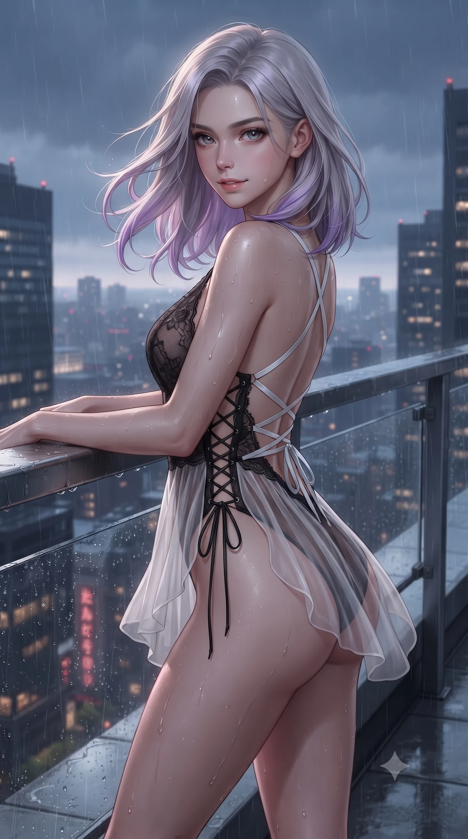 score_9, masterpiece, best quality, ultra-detailed, high-budget anime keyframe, editorial fashion photography, tasteful artistic composition, Caucasian woman. close-up cowboy shot from the waist and thighs up, the character dominates the composition, filling the frame with her large presence. turning slowly with an enchanting smoldering smile, her glossy hair tossing in the breeze as her hips angle gracefully in a captivating contrapposto while leaning against the perimeter security rail with relaxed seductive grace, looking into the lens with an intoxicating bedroom-gaze. The surrounding environment is rendered in vivid detail and crisp panoramic clarity: detailed second-skin waterproof fabric weave, rain-glistening skin sheen, and metropolitan high-rise parapet in high resolution. She has an exceptionally elegant, slender, and willowy female figure with an ultra-slim waist, flat toned midriff, narrow ribcage, and sculpted feminine hips creating an alluring, slim hourglass silhouette without bulk. sharp v-shaped jawline, high-bridge nose, sparkling eyes with hypnotic seductive depth, thick curled eyelashes, glossy parted lips with a natural dewy peach sheen, alluring bedroom-eyes with an enchanting coquettish smile, exuding magnetic siren charisma and sophisticated glamour, flawlessly proportioned anatomical accuracy, strict slender model proportions, natural body alignment, perfectly sculpted long slender limbs, ultra-slim waistline, clean dynamic posture without body distortion. wearing a backless stretch lace ballet leotard with high-cut leg openings and delicate criss-cross satin back ribbons in high-contrast monochrome black and optic white, made of sheer gossamer chiffon that drapes softly against skin with airy translucence, finished with fine criss-cross lace-up side ties revealing tantalizing glimpses of her hip curve, the precision-cut side openings and low-back scoop framing her graceful spine and the sensual sweep of her slim, toned hips. illuminated by puddle specular bounce and sharp platinum rim lights sculpting her jawline, flat midriff, and curvaceous hips. ultra-reflective glossy finish, specular highlights, rich textural contrasts, high-contrast stereoscopic depth, volumetric dynamic lighting, 2k, ultra detail, master piece, 9:16 ratio