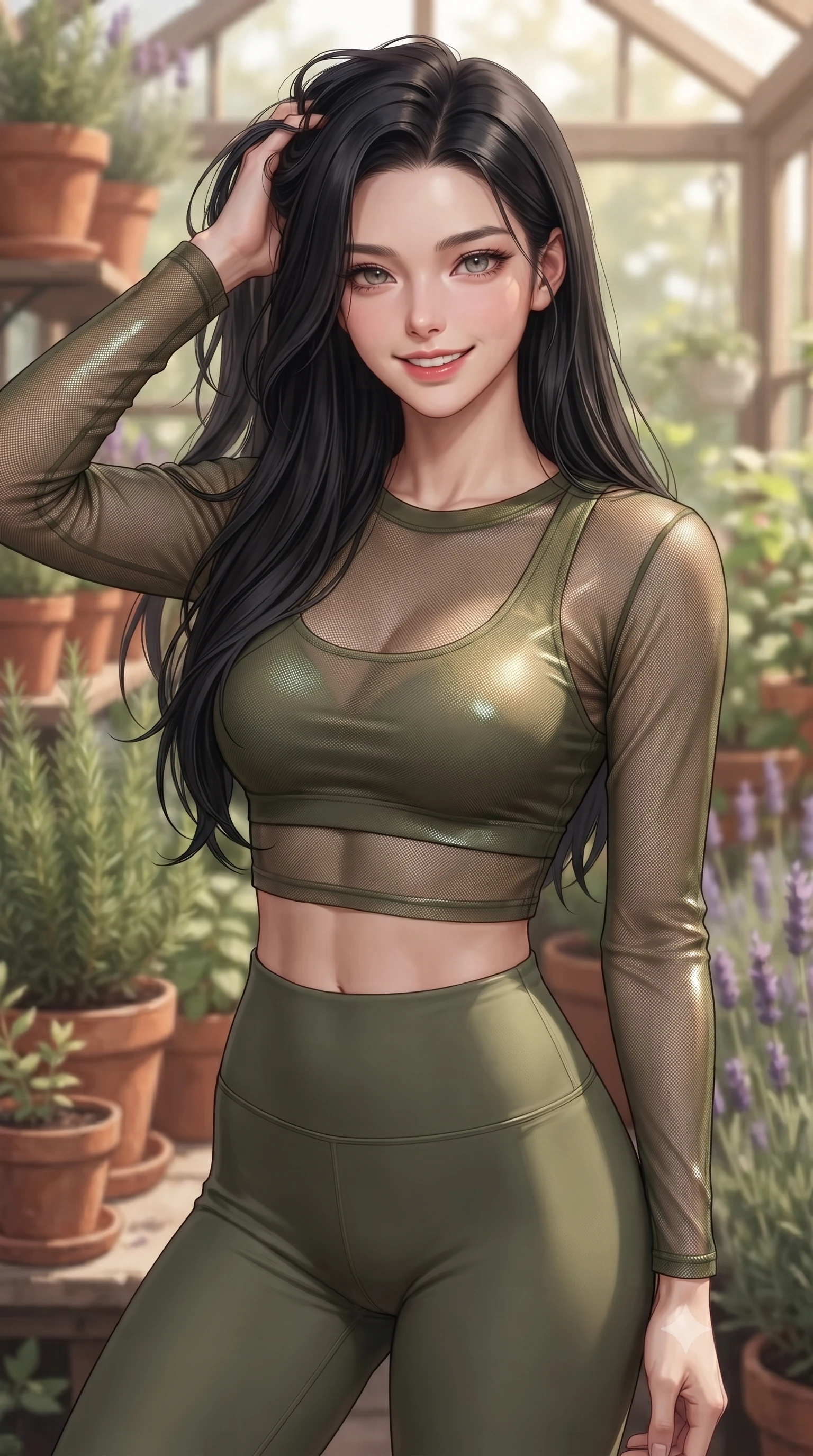score_9, masterpiece, best quality, ultra-detailed, high-budget anime keyframe, editorial fashion photography, tasteful artistic composition, Korean woman woman. close-up cowboy shot from the waist and thighs up, the character dominates the composition, filling the frame with her large presence, background elements kept in soft focus. smiling with quiet, magnetic self-assurance directly into the camera, running a hand through her hair the background shows a soft-focus a cozy garden greenhouse, surrounded by terracotta pots, rosemary, and lavender. She has an exceptionally elegant, slender, and willowy female figure with an ultra-slim waist, a gracefully sculpted slender torso, and a refined silhouette. sharp v-shaped jawline, high-bridge nose, intricate jewel-like eyes with depth, thick eyelashes, glossy lips with a natural sheen. wearing a body-hugging sheer mesh long-sleeve crop top in olive green, worn over a matching sports bra and leggings. warm, diffused daylight creating a quiet and productive mood. ultra-reflective glossy finish, specular highlights, metallic sheen, high-contrast stereoscopic depth, volumetric dynamic lighting, 2k, ultra detail, master piece, 9:16 ratio