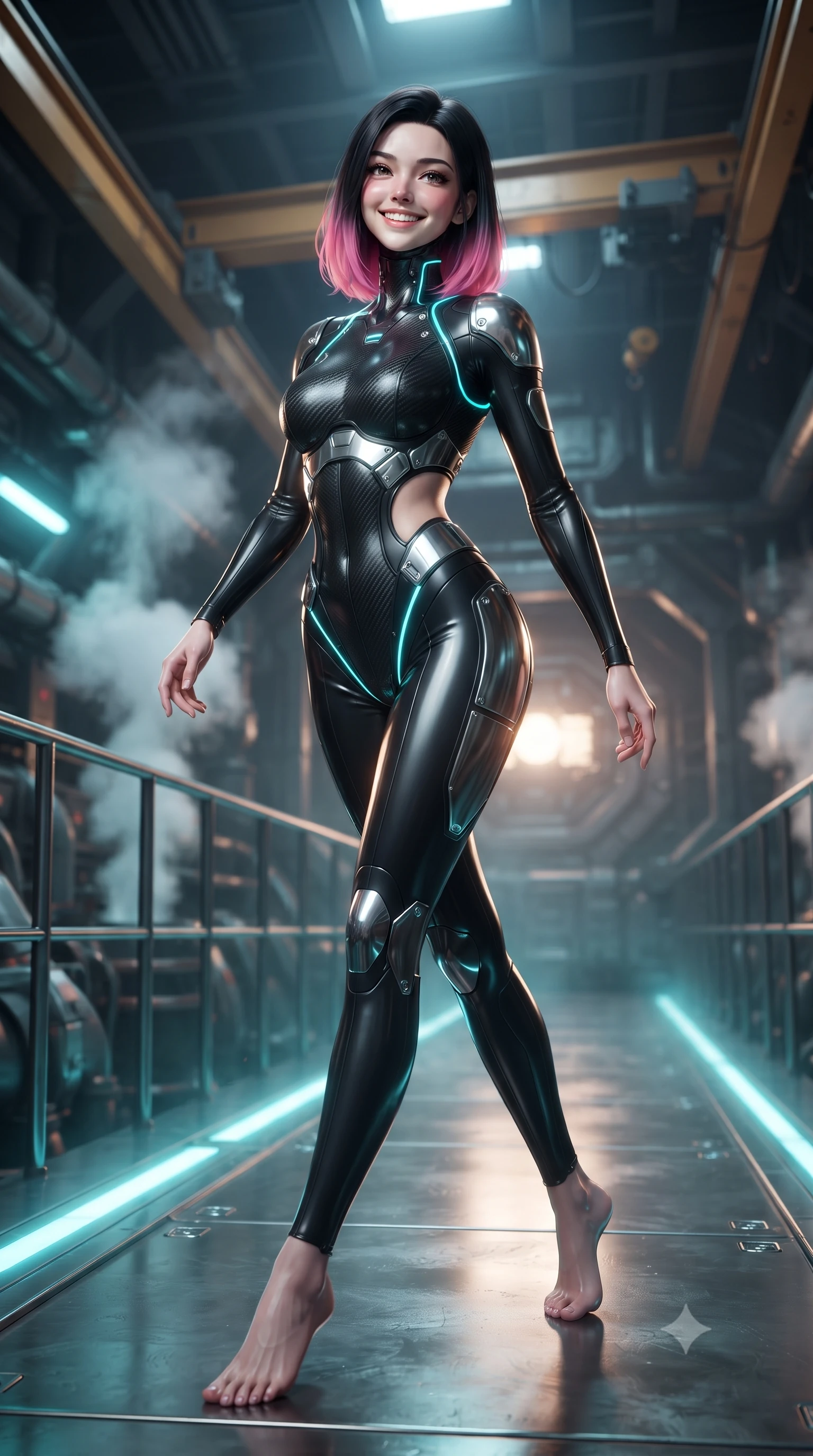 score_9, masterpiece, best quality, ultra-detailed, high-budget anime keyframe, editorial fashion photography, tasteful artistic composition, Korean woman. low angle full-body shot from head to toe showing her feet, filling the entire 9:16 vertical frame with her statuesque presence, stretching her vertical silhouette. striding forward gracefully across the reflective metal deck in mid-motion with a radiant beaming smile, hips swaying in an alluring kinetic rhythm that accentuates her curvy hourglass silhouette and long slender legs while leaning against the heat-resistant quartz bulkhead with hips cocked back, looking over a bare shoulder with an alluring smoldering smile into the engine glow. The background shows a soft-focus steam venting from coolant pipes and suspended gantry crane rails softened in dramatic sci-fi shallow focus. She has an absolutely perfect, statuesque 8.5-heads proportion, an exceptionally tall and slender model-like female figure with impossibly long slender legs, an ultra-slim waist, a flat toned midriff, narrow delicate ribcage, and beautifully sculpted feminine hips creating a graceful, slim hourglass silhouette without any bulky heaviness. sharp v-shaped jawline, high-bridge nose, intricate jewel-like sparkling eyes with depth, thick eyelashes, glossy parted lips with a natural sheen, bright confident smile with an enchanting and coquettish sensual glint, exuding both youthful magnetic charm and sovereign high-tech allure, flawlessly proportioned anatomical accuracy, strict slender model proportions, natural body alignment, perfectly sculpted long slender limbs, ultra-slim waistline, clean dynamic posture without body distortion. wearing a form-contouring cybernetic combat suit in matte black latex and carbon fiber, tracing her willowy silhouette with a high neck in matte obsidian black and glowing neon cyan trim, formed from supple thermal silicone composite adhering seamlessly like a second skin, accented with strategically placed chrome armor plate guards covering key curves, the form-contouring cut accentuating her sculpted flat midriff, narrow delicate ribcage, and gracefully curvy hips with cybernetic supermodel precision. illuminated by cool cyan emergency floor guides and sharp amber rim lighting sculpting her razor-sharp jawline, narrow waist, and curvy hips. ultra-reflective glossy finish, specular highlights, rich textural contrasts, high-contrast stereoscopic depth, volumetric dynamic lighting, 2k, ultra detail, master piece, 9:16 ratio