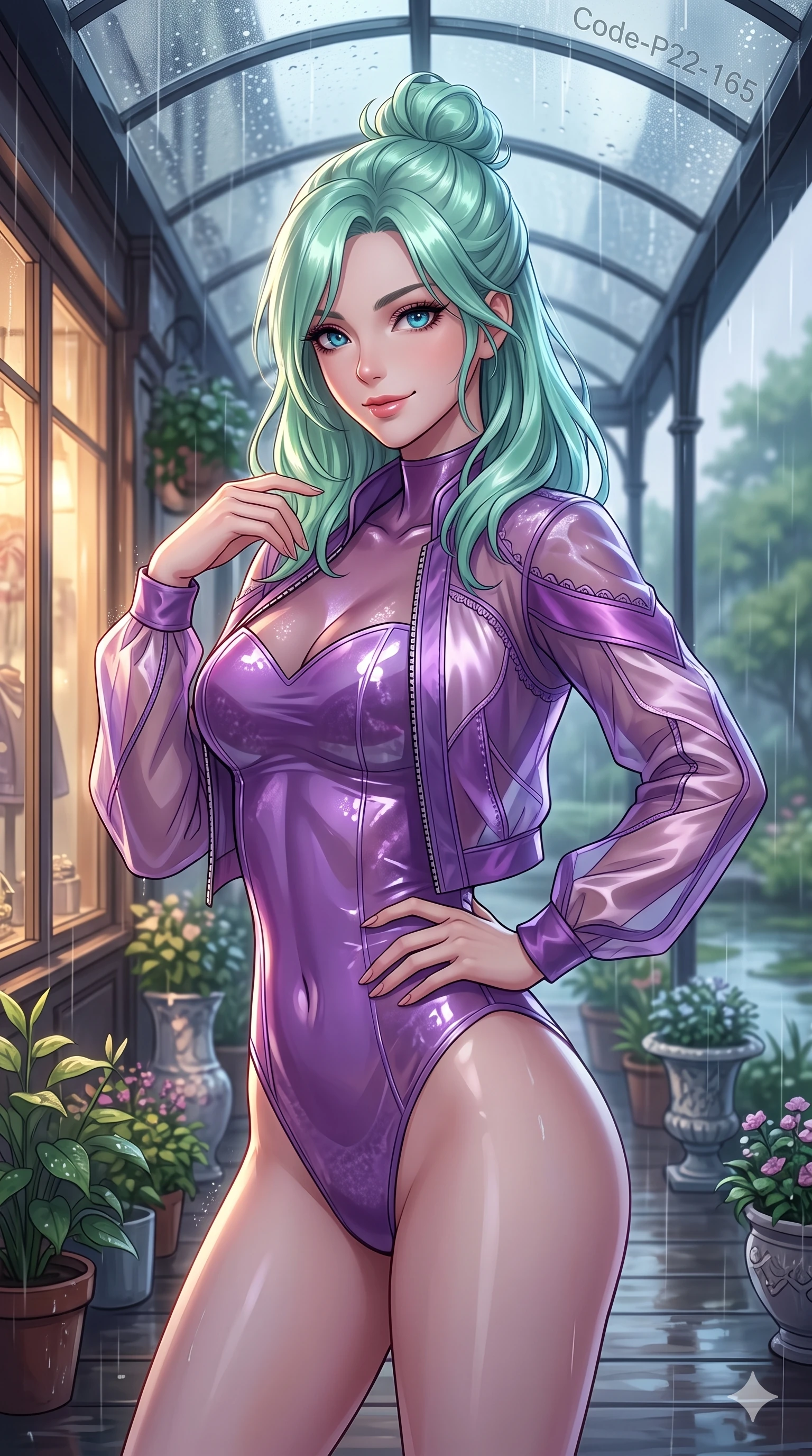 score_9, masterpiece, best quality, ultra-detailed, high-budget anime keyframe, vibrant anime aesthetic, Japanese woman. close-up cowboy shot from the waist and thighs up, the character dominates the composition, filling the frame with her large presence, background elements kept in soft focus. She is posing with a confident, magnetic smile, one hand on her waist, looking over her shoulder at the camera with a captivating and confident presence. the background shows a soft-focus scenic river bank deck decorated with potted plants, under an elegant glass canopy in the rain (Code-P22-165). She has an absolutely perfect proportion, an exceptionally elegant and slender female figure with an ultra-slim waist. V-shaped jawline, high-bridge nose, intricate jewel-like eyes with depth, thick eyelashes, glossy lips with a natural sheen. wearing a translucent high-shine bodysuit with a sweetheart neckline under a lightweight jacket in amethyst purple and silk overlays. She is illuminated by dramatic rim lights from a vintage shop window, adding depth to her jewel-like eyes by the quiet garden pond. 2k, ultra detail, master piece, 9:16 ratio