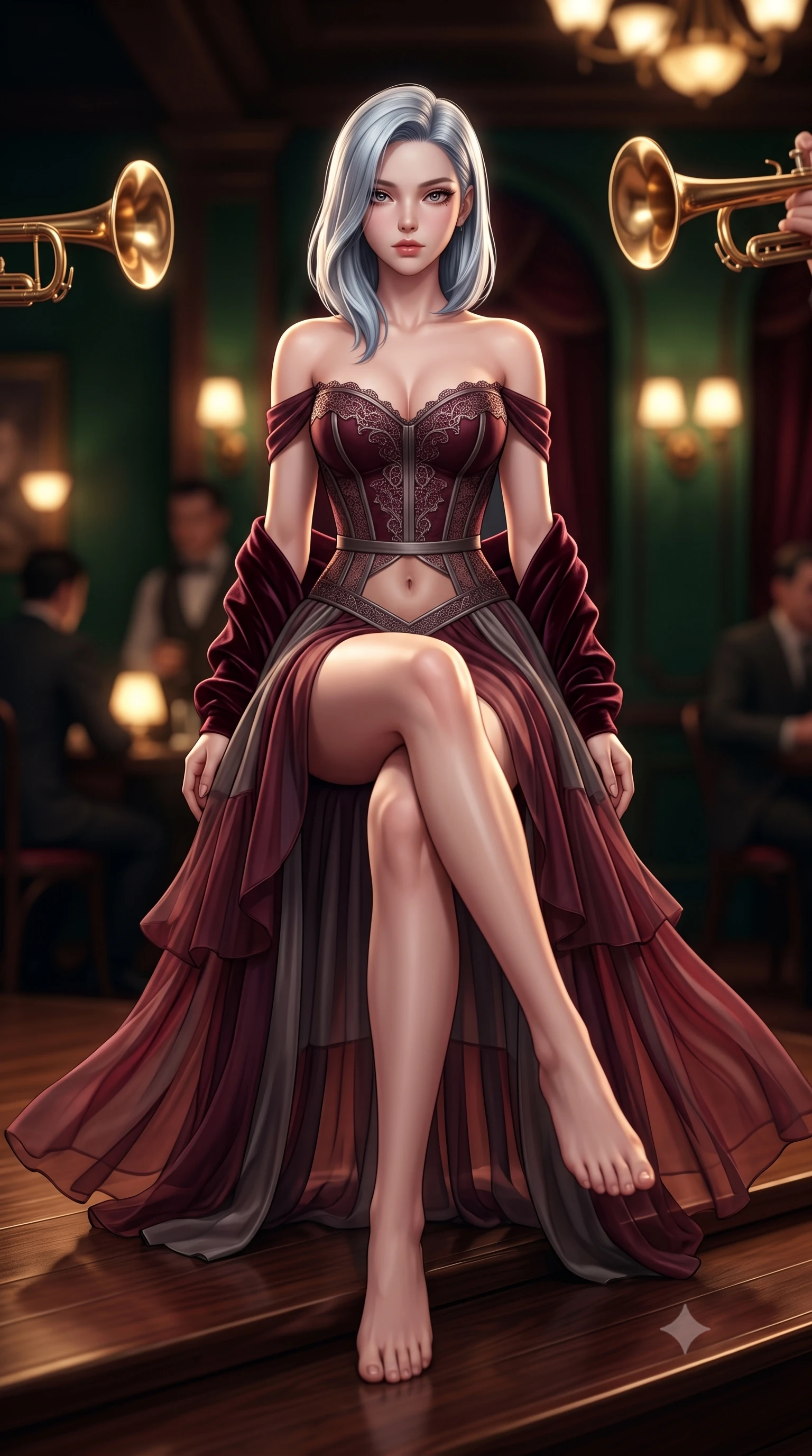 score_9, masterpiece, best quality, ultra-detailed, high-budget anime keyframe, semi-realistic 3D game render, editorial fashion photography, tasteful artistic composition, Korean woman. low angle full-body shot from head to toe showing her feet, filling the entire 9:16 vertical frame with her statuesque presence, stretching her vertical silhouette. sitting perched on the elevated edge with hips angled toward the camera and legs crossed, displaying her toned midriff and flawlessly sculpted slender limbs while gliding across the polished dark walnut dance floor with supermodel momentum, her dress tightly hugging her feminine curves. The composition keeps background elements in soft focus with creamy bokeh. golden jazz trumpet bells and glowing wall sconces blurred into warm whiskey-gold, deep emerald, and burgundy bokeh. She has an exceptionally tall and slender model-like 8.5-heads proportion, an ultra-slim waist, a flat toned midriff, narrow delicate ribcage, and beautifully sculpted feminine hips creating a graceful, slim hourglass silhouette without any bulky heaviness, with impossibly long slender legs. sharp v-shaped jawline, high-bridge nose, intricate jewel-like eyes with depth, thick eyelashes, glossy parted lips with a natural sheen, intensely captivating and seductive bedroom-eyes expression, flawlessly proportioned anatomical accuracy, strict slender model proportions, natural body alignment, perfectly sculpted long slender limbs, ultra-slim waistline, clean dynamic posture without body distortion. wearing an off-shoulder French court corset bodice dress paired with a tiered translucent chiffon slit skirt in deep wine burgundy and brushed dark platinum, woven from layered gossamer chiffon with a weightless sweeping drape, complemented by a plush velvet shawl draped loosely over her elbows, the liquid-tight tailored fabric clinging flawlessly to her narrow waist and rounded feminine hips, emphasizing every millimeter of her sculpted slim hourglass curves without any bulky heaviness. surrounded by a sultry, scandalous, and irresistibly intoxicating jazz-age siren aura. highly saturated vibrant anime colors, detailed shading with soft gradients, rich glossy textures, high-contrast stereoscopic depth, volumetric dynamic lighting, master piece, 9:16 ratio
