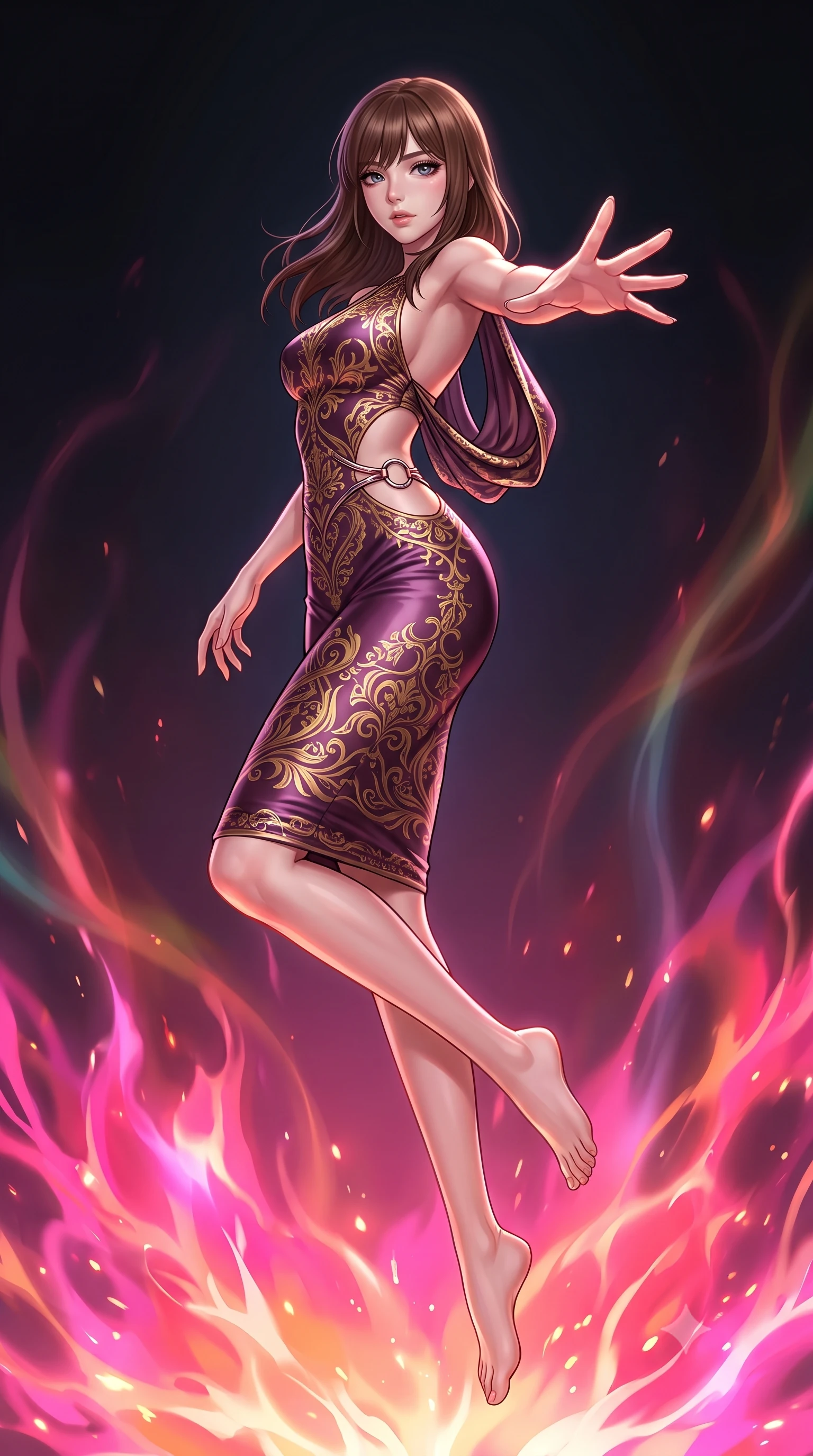 score_9, masterpiece, best quality, ultra-detailed, high-budget anime keyframe, editorial fashion photography, tasteful artistic composition, Korean woman. low angle full-body shot from head to toe showing her feet, filling the entire 9:16 vertical frame with her statuesque presence, stretching her vertical silhouette. pivoting dynamically in zero-gravity with fluid body alignment, displaying her perfect model proportions while pivoting dynamically with one hand extending toward the viewer in a power pose, boiling liquid aurora energy radiating intense hot pink and orange light from below. She has an absolutely perfect, statuesque 8.5-heads proportion, an exceptionally tall and slender model-like female figure with impossibly long slender legs and an ultra-slim waist. sharp v-shaped jawline, high-bridge nose, intricate jewel-like eyes with depth, thick eyelashes, glossy lips with a natural sheen, flawlessly proportioned anatomical accuracy, natural body alignment, perfectly sculpted elegant limbs, clean dynamic posture without body distortion. wearing a precision-fitted liquid jersey bodycon dress with a graceful draped back in plum purple and gold filigree, crafted from lustrous satin jersey with fluid draping, accented with delicate chrome ring hardware framing her waist, the glove-like fit emphasizing her statuesque silhouette during motion. bathed in hot pink and orange furnace underlighting with sharp bronze speculars. highly saturated vibrant anime colors, detailed shading with soft gradients, rich glossy textures, high-contrast stereoscopic depth, volumetric dynamic lighting, master piece, 9:16 ratio