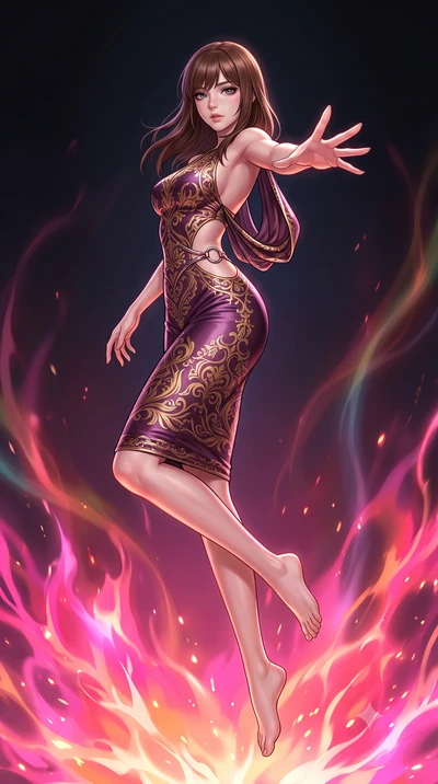 score_9, masterpiece, best quality, ultra-detailed, high-budget anime keyframe, editorial fashion photography, tasteful artistic composition, Korean woman. low angle full-body shot from head to toe showing her feet, filling the entire 9:16 vertical f