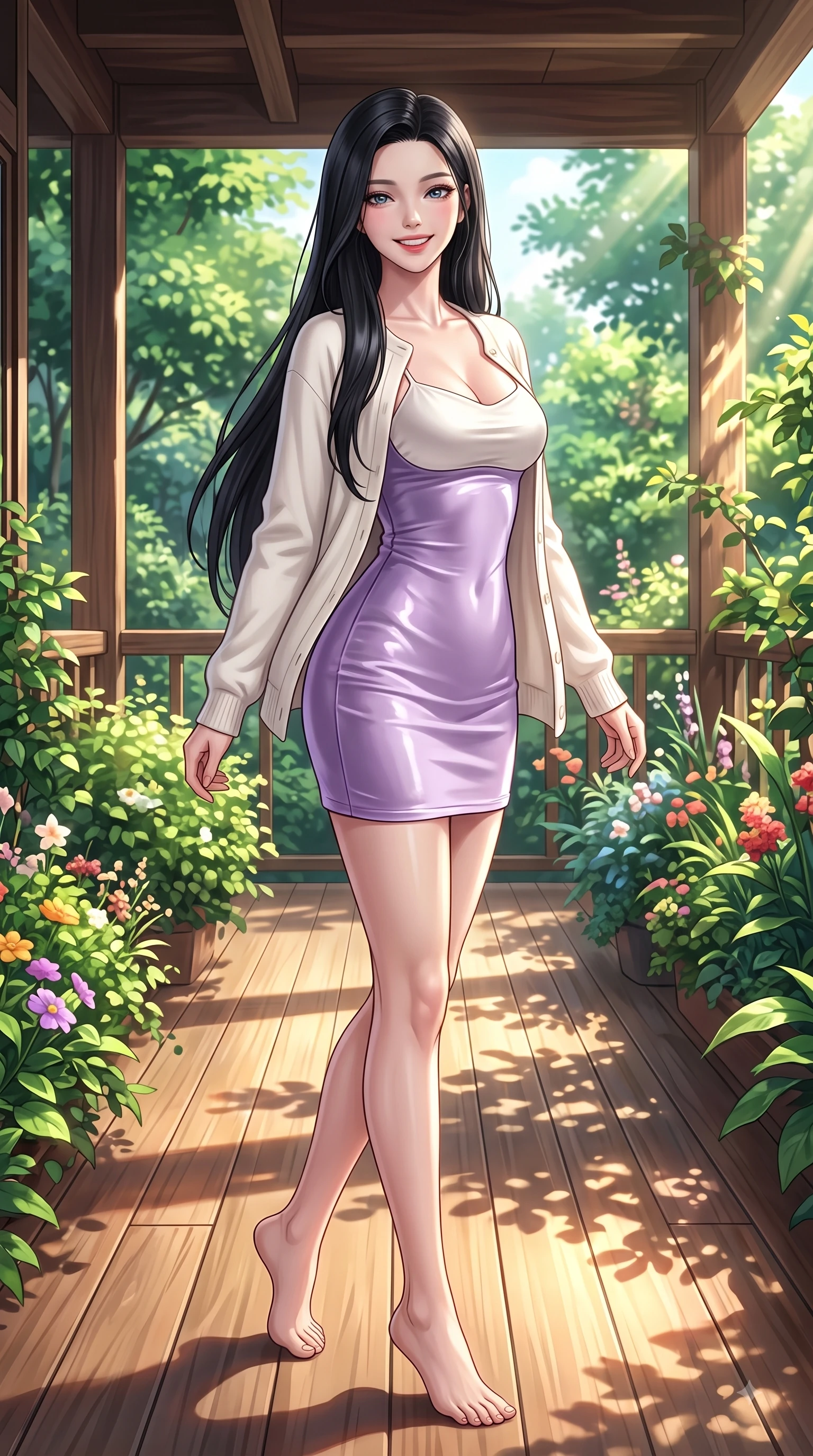 score_9, masterpiece, best quality, ultra-detailed, high-budget anime keyframe, editorial fashion photography, tasteful artistic composition, Korean woman. low angle full-body shot from head to toe showing her feet, filling the entire 9:16 vertical frame with her statuesque presence, stretching her vertical silhouette. performing a cheerful mid-motion turn with flawless poise, her radiant smile capturing fresh girlhood energy while pivoting gracefully on a secluded wooden cafe terrace enveloped by green garden foliage. The surrounding environment is rendered in vivid detail and crisp panoramic clarity. bright sunbeams streaming across polished wooden surfaces rendered with environmental clarity. She has an absolutely perfect, statuesque 8.5-heads proportion, an exceptionally tall and slender model-like female figure with impossibly long slender legs and an ultra-slim waist. sharp v-shaped jawline, high-bridge nose, intricate jewel-like eyes with depth, thick eyelashes, glossy lips with a natural sheen, flawlessly proportioned anatomical accuracy, natural body alignment, perfectly sculpted elegant limbs, clean dynamic posture without body distortion. wearing a glossy satin slip dress layered under a soft cashmere cardigan in soft lavender violet and pearl white, made of lustrous stretch velvet, accented with a Tasteful chest slit framing her clavicle gracefully, the tailored fabric tightly following every curve of her athletic build. surrounded by a cozy, intimate, and relaxing cafe atmosphere. highly saturated vibrant anime colors, detailed shading with soft gradients, rich glossy textures, high-contrast stereoscopic depth, volumetric dynamic lighting, master piece, 9:16 ratio
