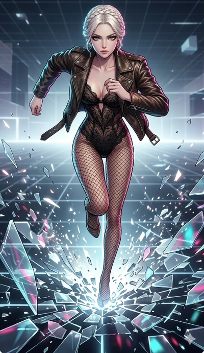 score_9, masterpiece, best quality, ultra-detailed, Set A: High-budget Anime Keyframe, Japanese woman. Low angle cowboy shot filling the entire 9:16 frame with her statuesque presence. Sprinting through a virtual reality void, as the ground beneath h