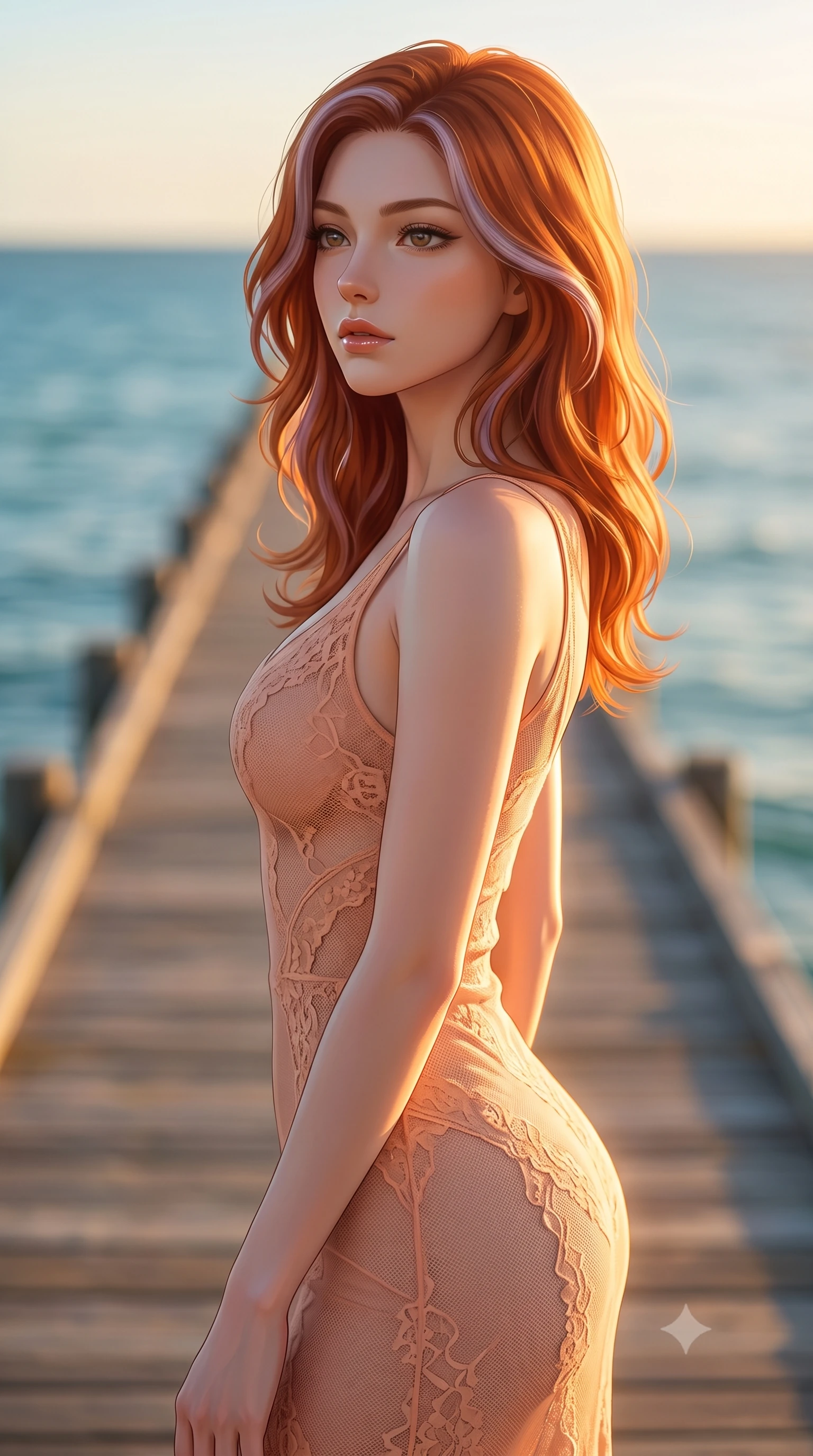 score_9, masterpiece, best quality, ultra-detailed, high-budget anime keyframe, editorial fashion photography, tasteful artistic composition, Caucasian woman woman. close-up cowboy shot from the waist and thighs up, the character dominates the composition, filling the frame with her large presence, background elements kept in soft focus. looking past the camera with a peaceful, thoughtful gaze, enjoying the warm sunlight the background shows a soft-focus the end of a long wooden pier stretching out into a calm blue ocean. She has an exceptionally elegant, slender, and willowy female figure with an ultra-slim waist, a gracefully sculpted slender torso, and a refined silhouette. sharp v-shaped jawline, high-bridge nose, intricate jewel-like eyes with depth, thick eyelashes, glossy lips with a natural sheen. wearing a form-contouring semi-transparent mesh dress in peach, contouring her slender silhouette with delicate lace detailing. warm golden hour sunbeams tracing a soft glowing rim light along her figure. 2k, ultra detail, master piece, 9:16 ratio